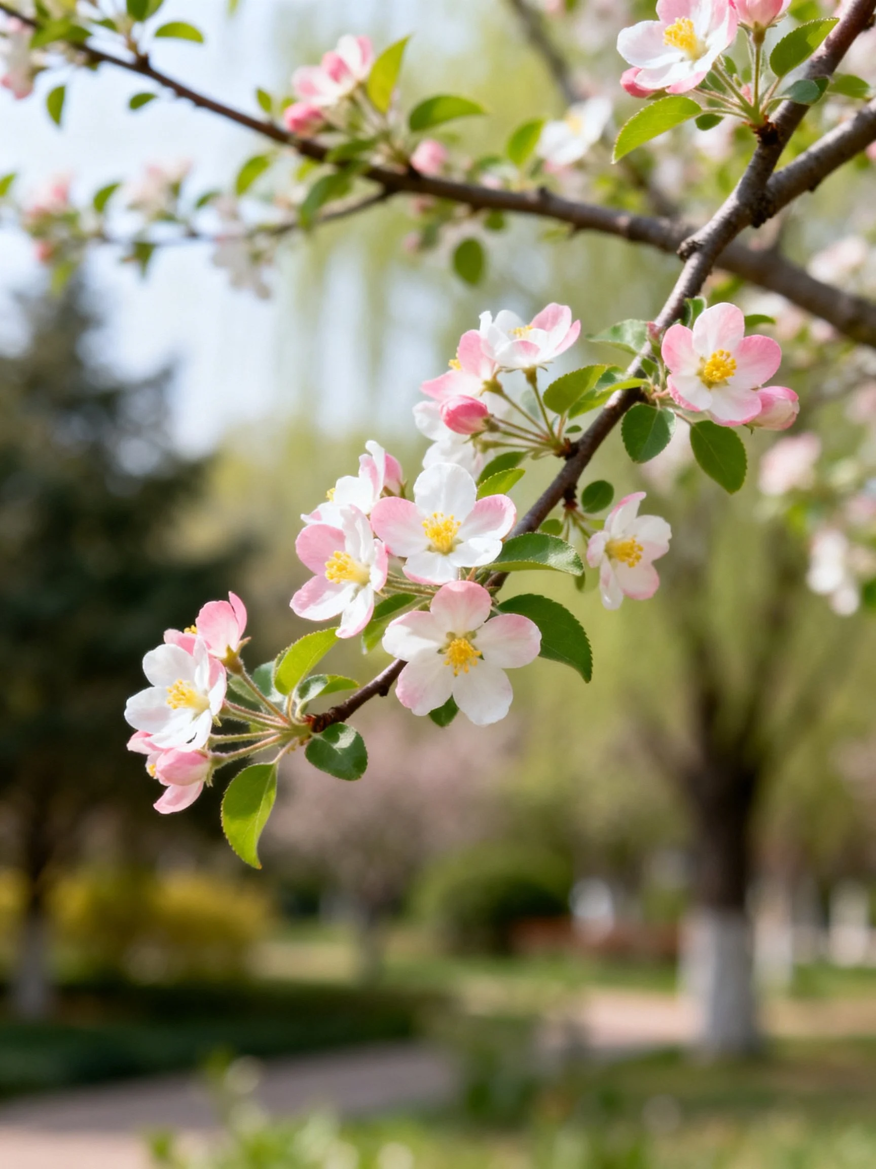 Pink and white apple blossoms cluster on dark branches with green leaves