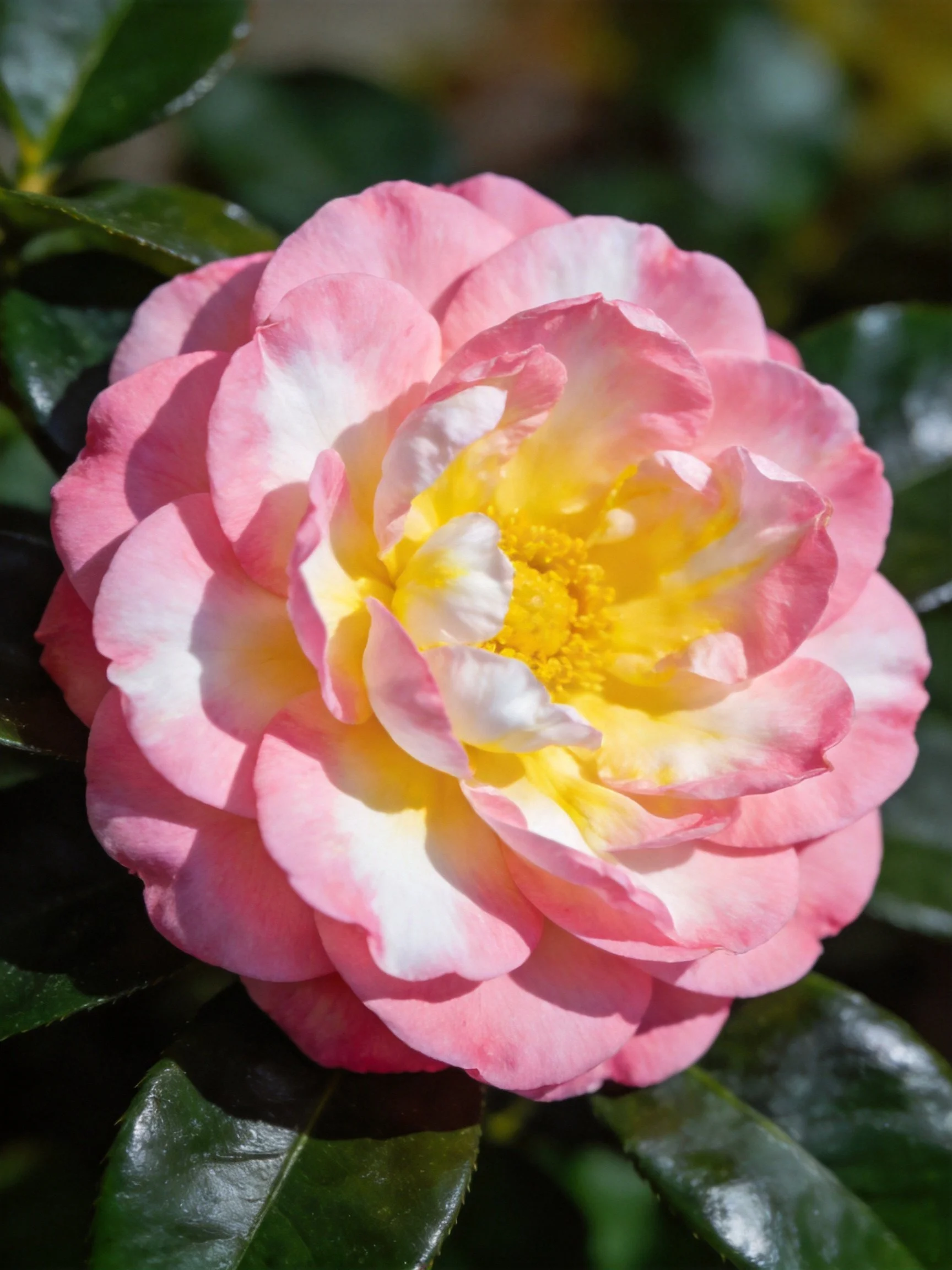 Pink and white camellia with yellow center