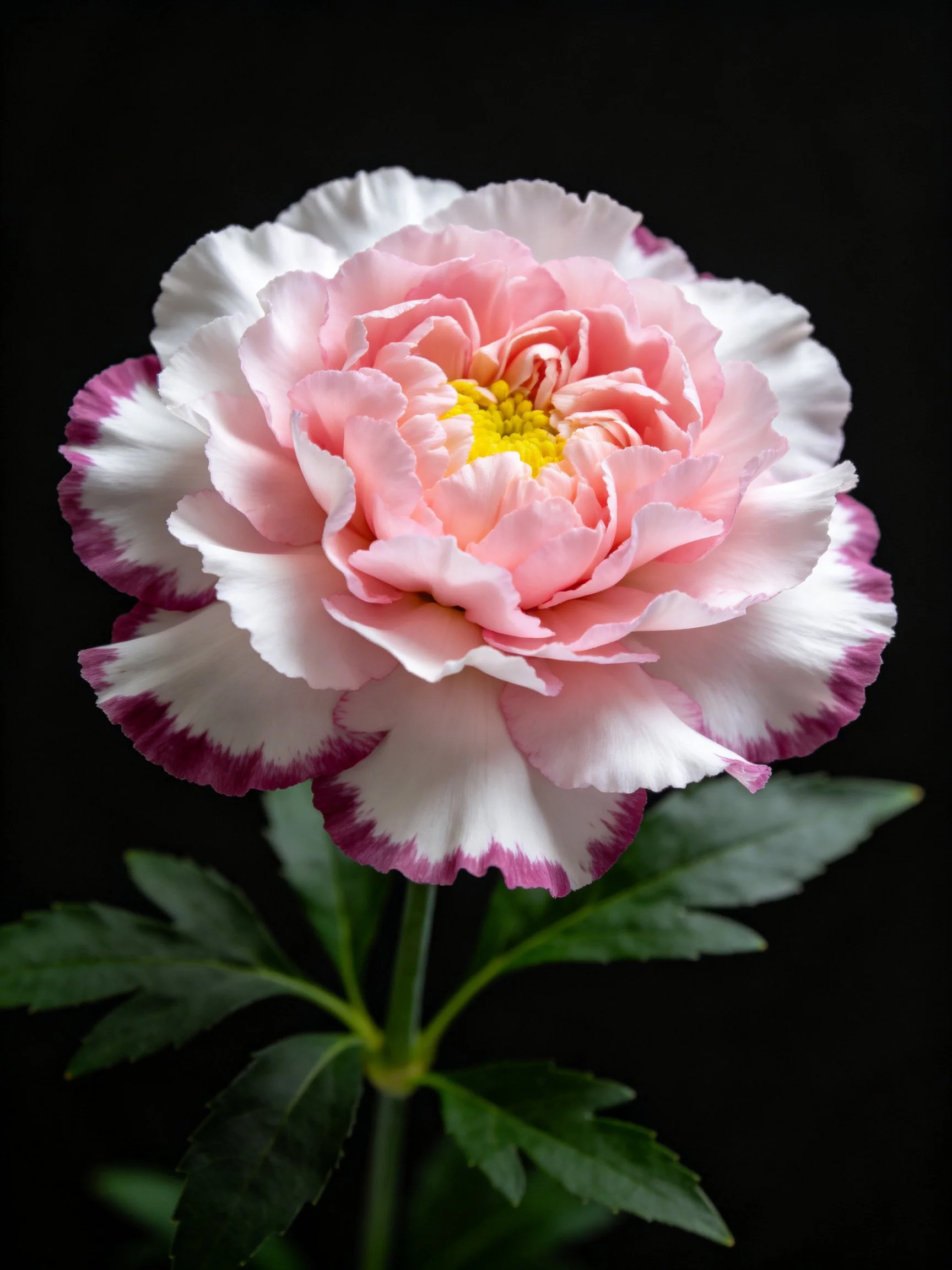 Pink and white carnation with purple petal edges, yellow center