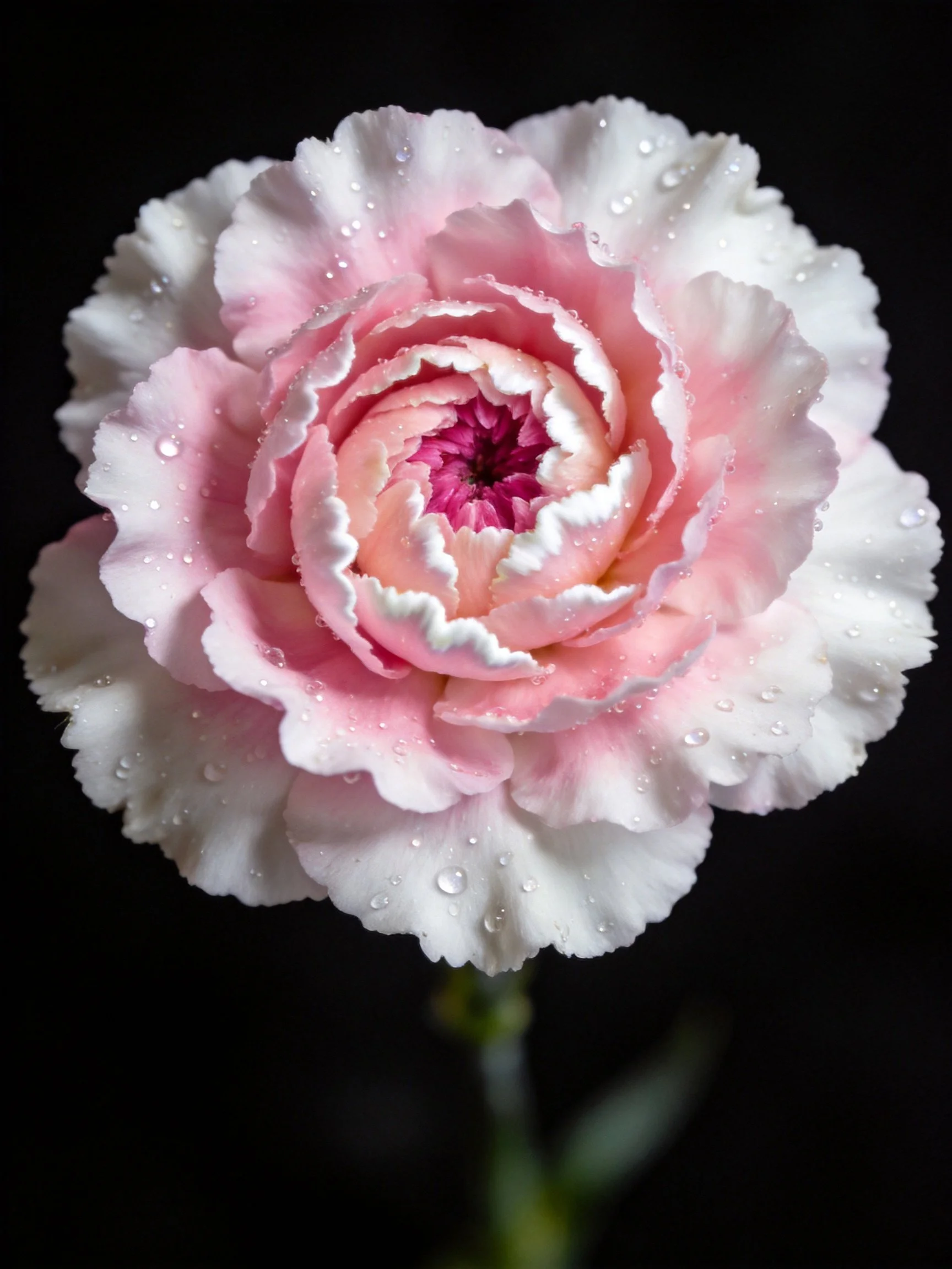 Pink and white carnation with water droplets on dark background