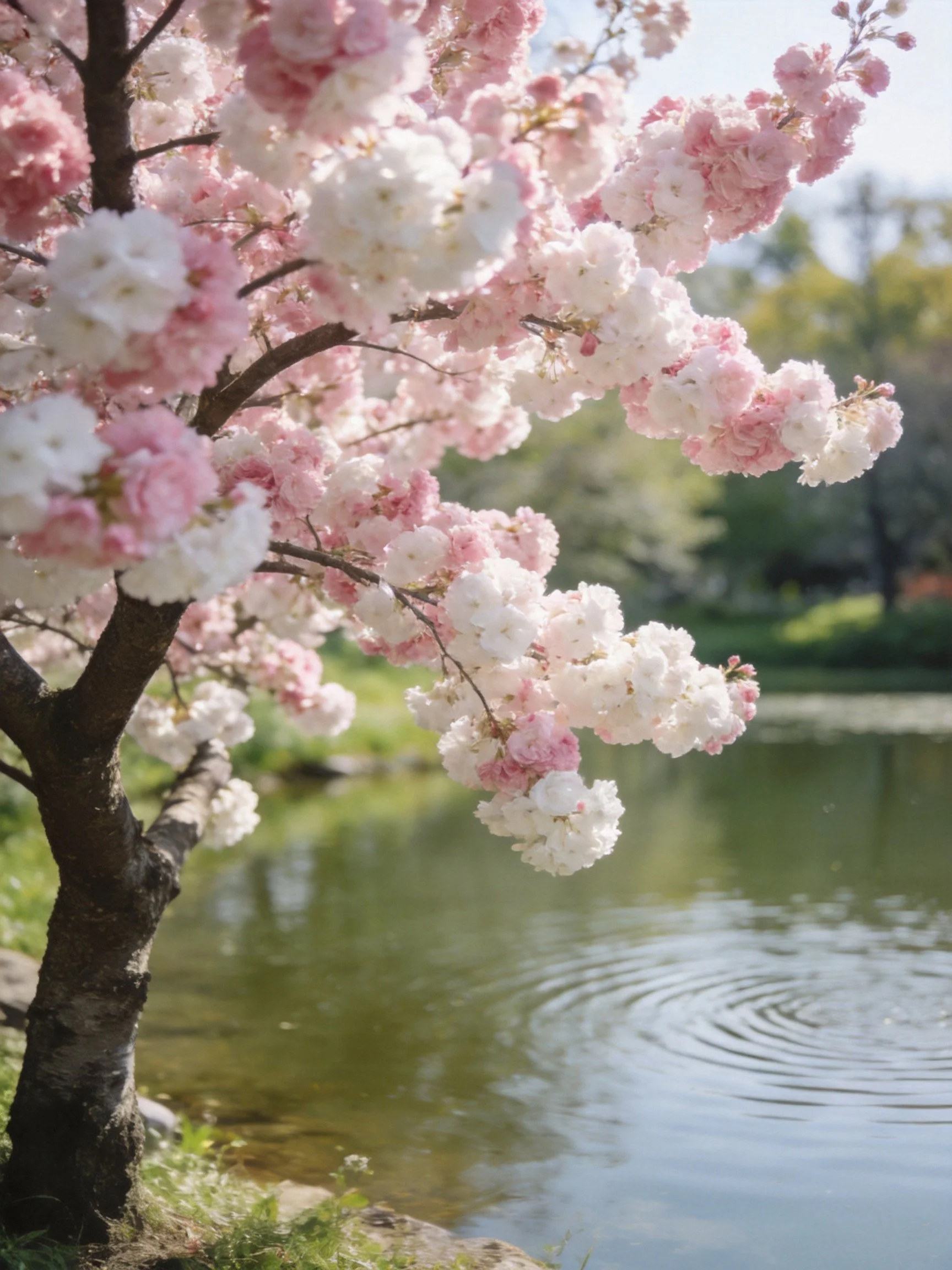 Pink and white cherry blossom clusters beside serene water