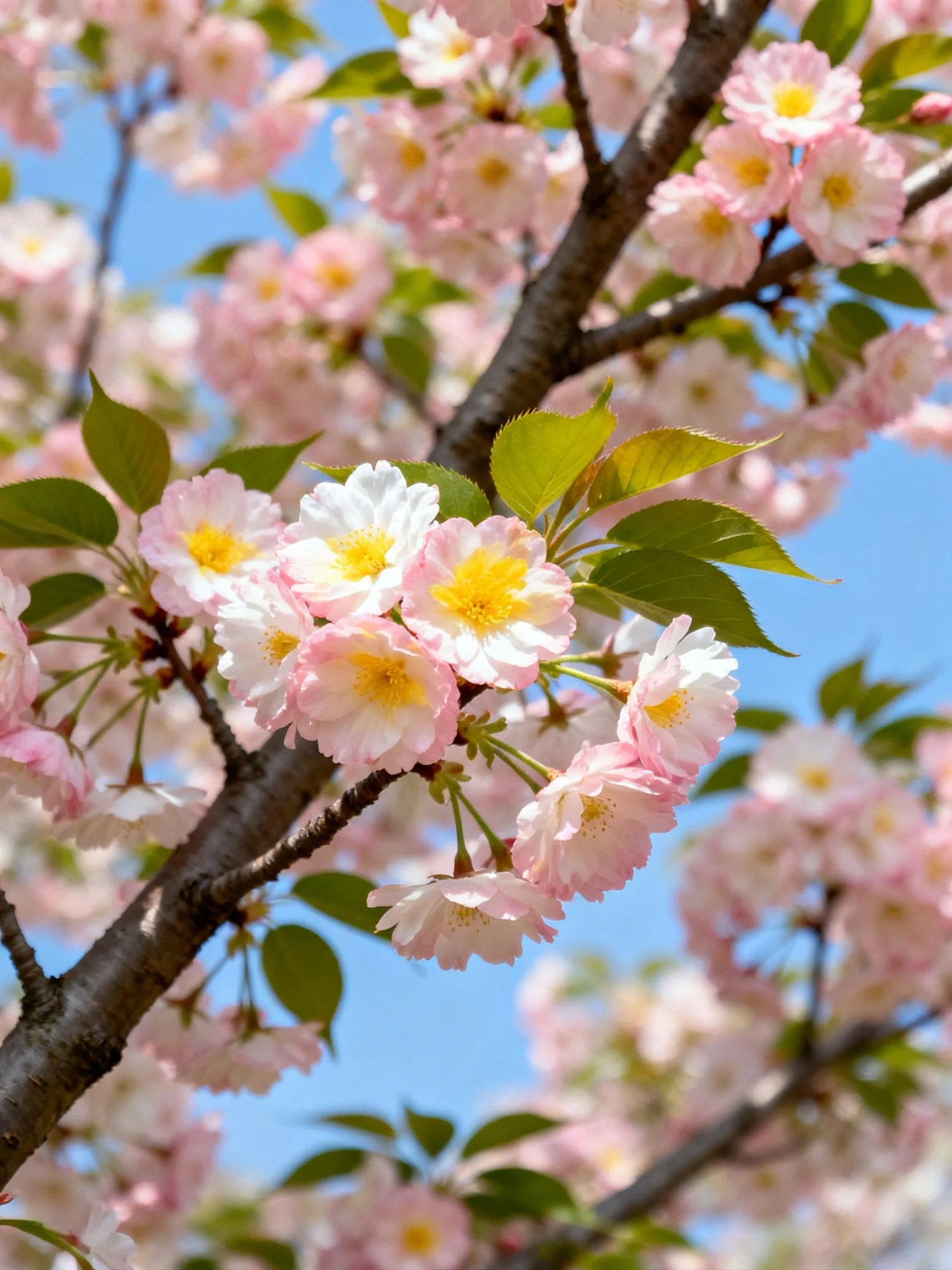 Pink and white cherry blossoms bloom on dark brown tree branches