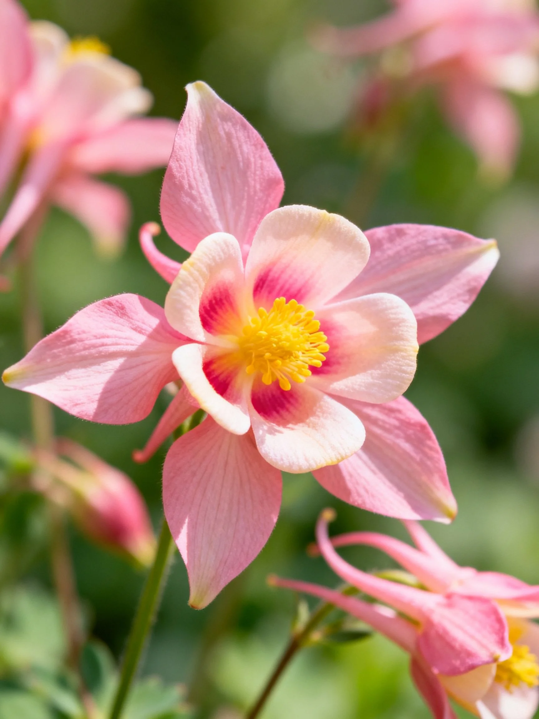 Pink and white columbine blooms with yellow centers in a sunlit garden