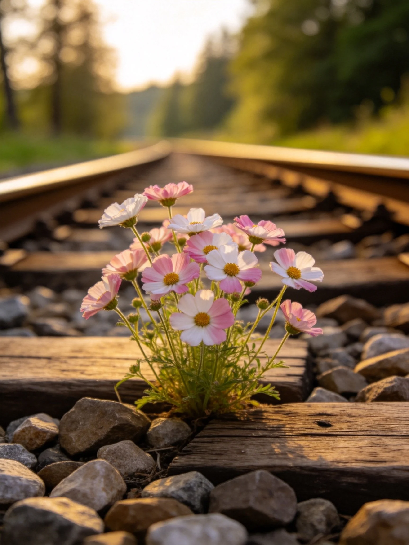 Pink and white cosmos bloom amid railroad ties and stones at sunset