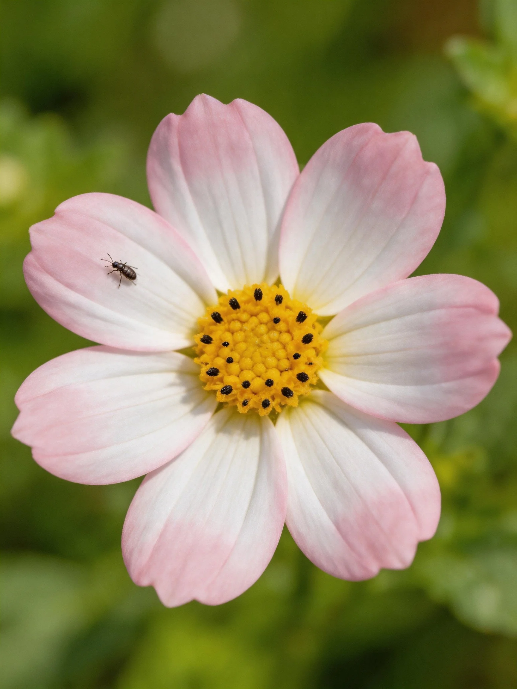 Pink and white cosmos flower with yellow center and small insect