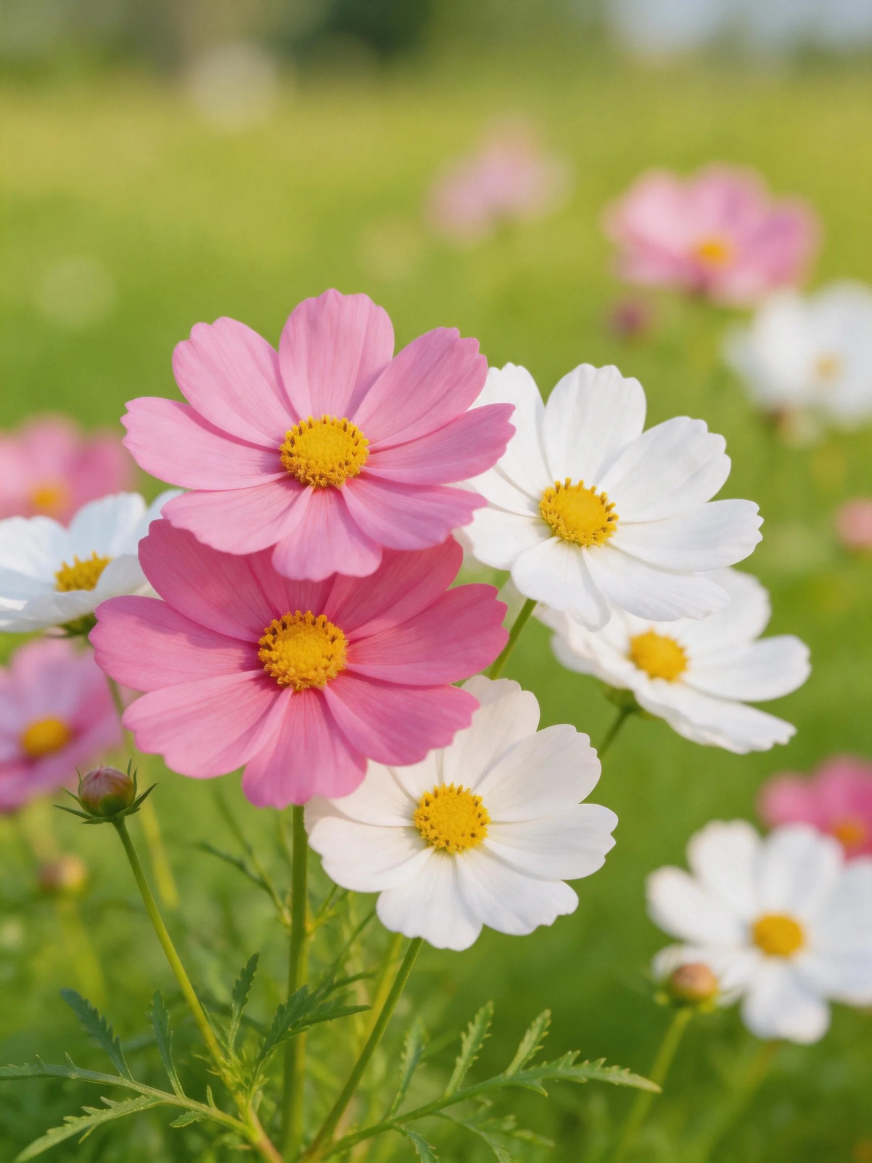 Pink and white cosmos flowers blooming in a sunlit meadow