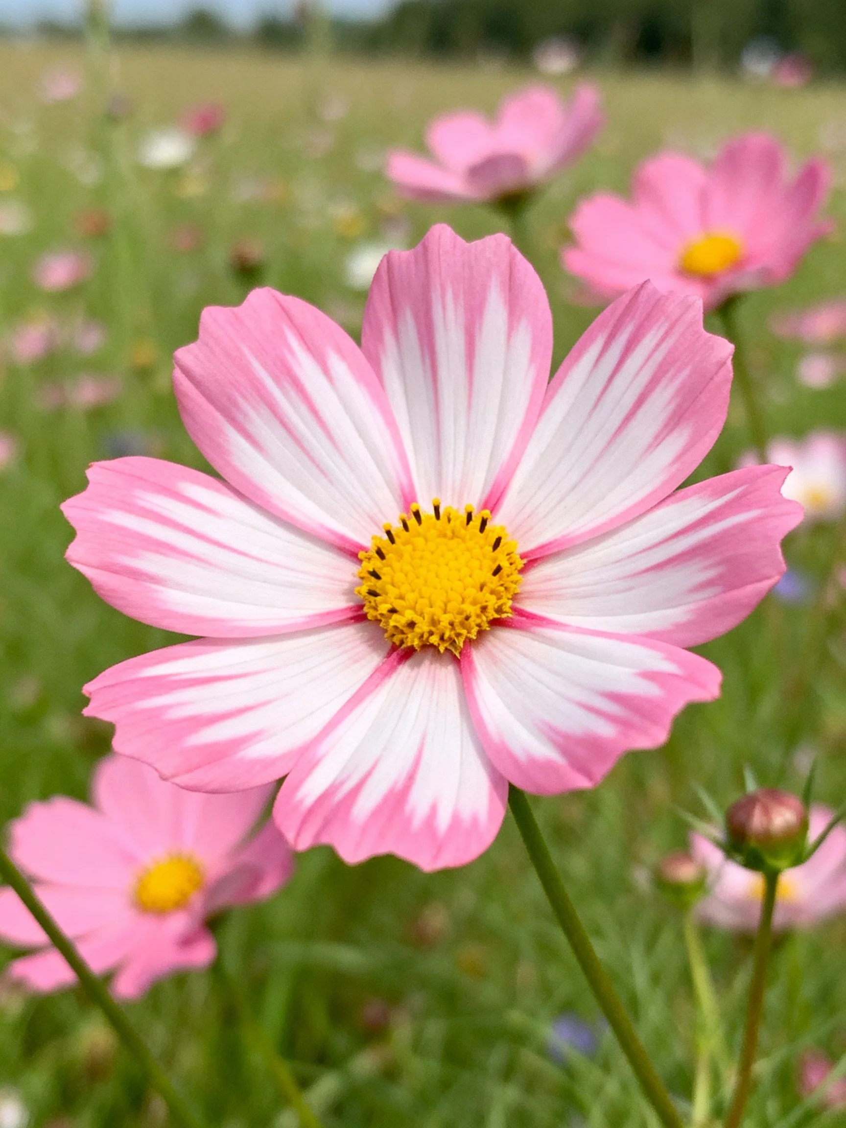 Pink and white cosmos flowers blooming in a sunlit meadow