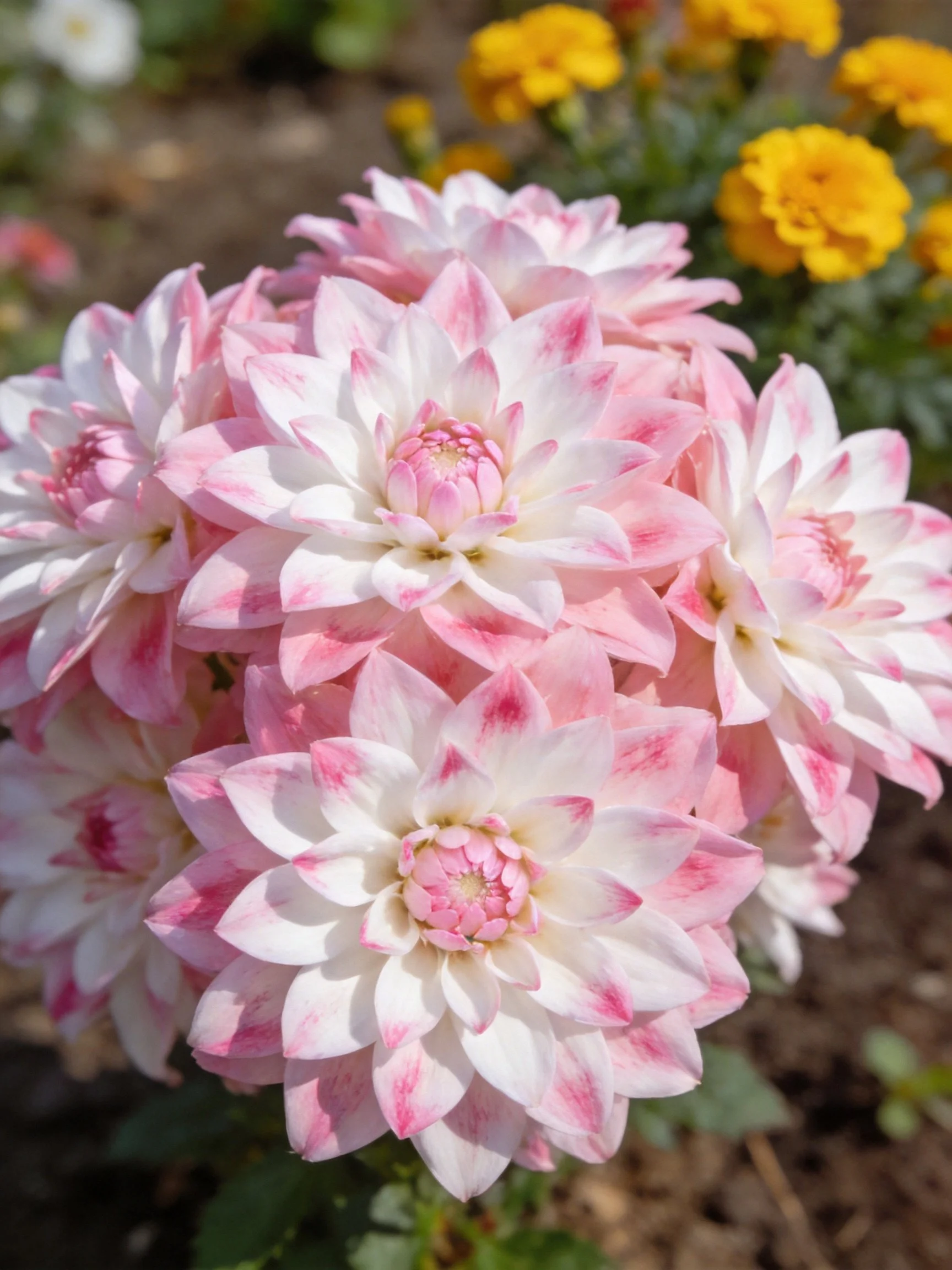 Pink and white dahlia blooms with yellow flowers in background