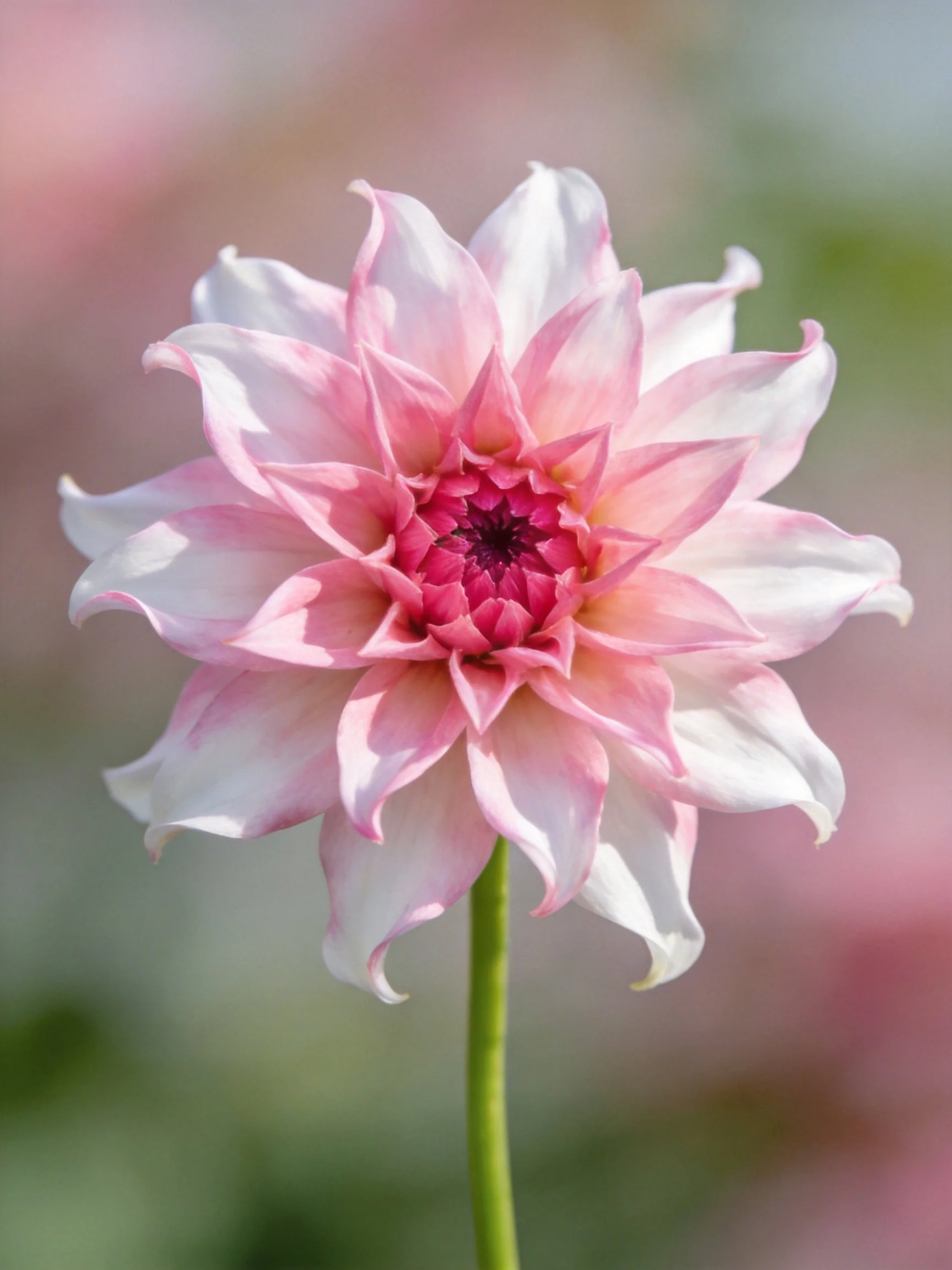 Pink and white dahlia with layered petals and dark central core