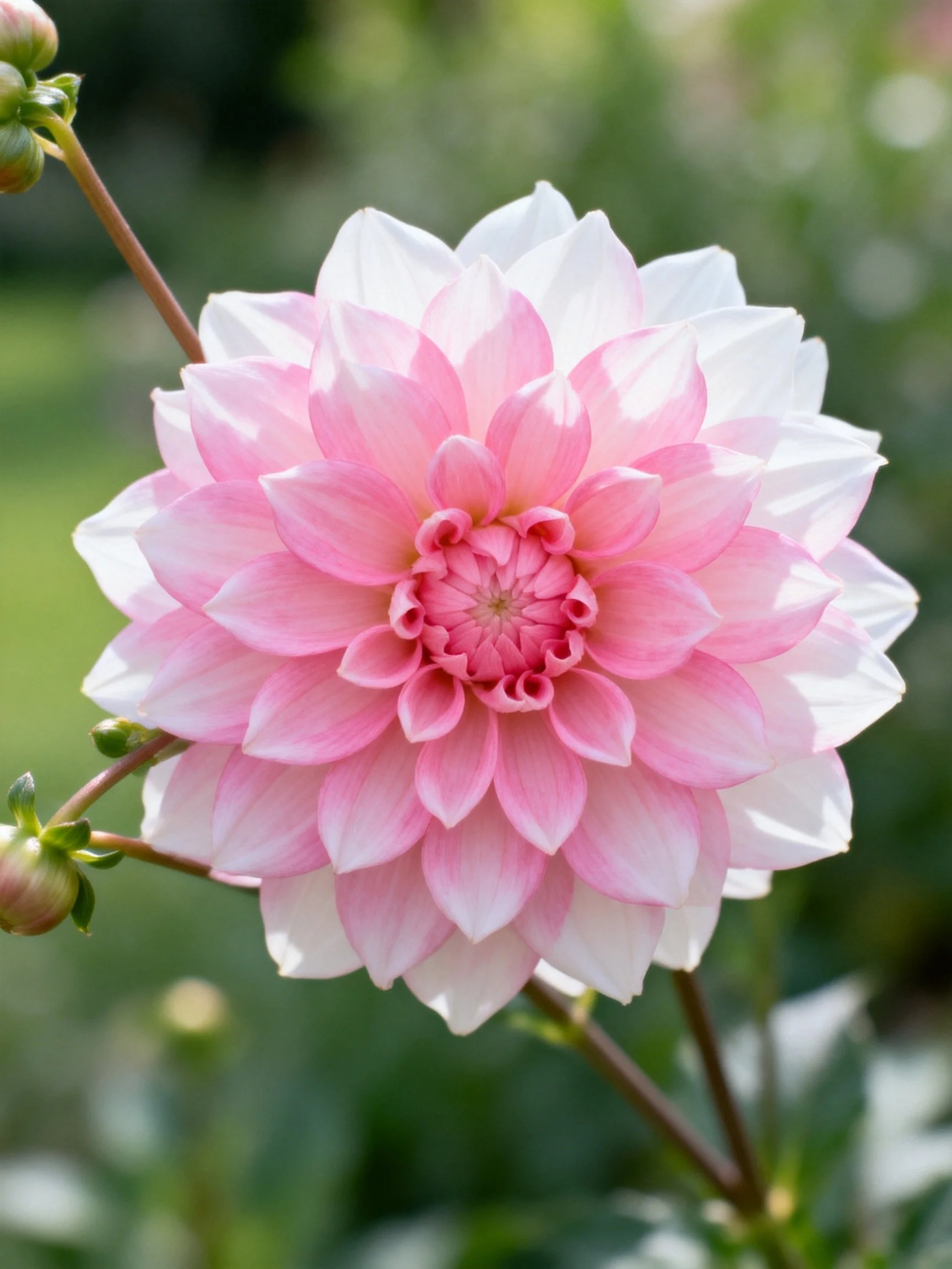 Pink and white dahlia with layered petals near unopened buds