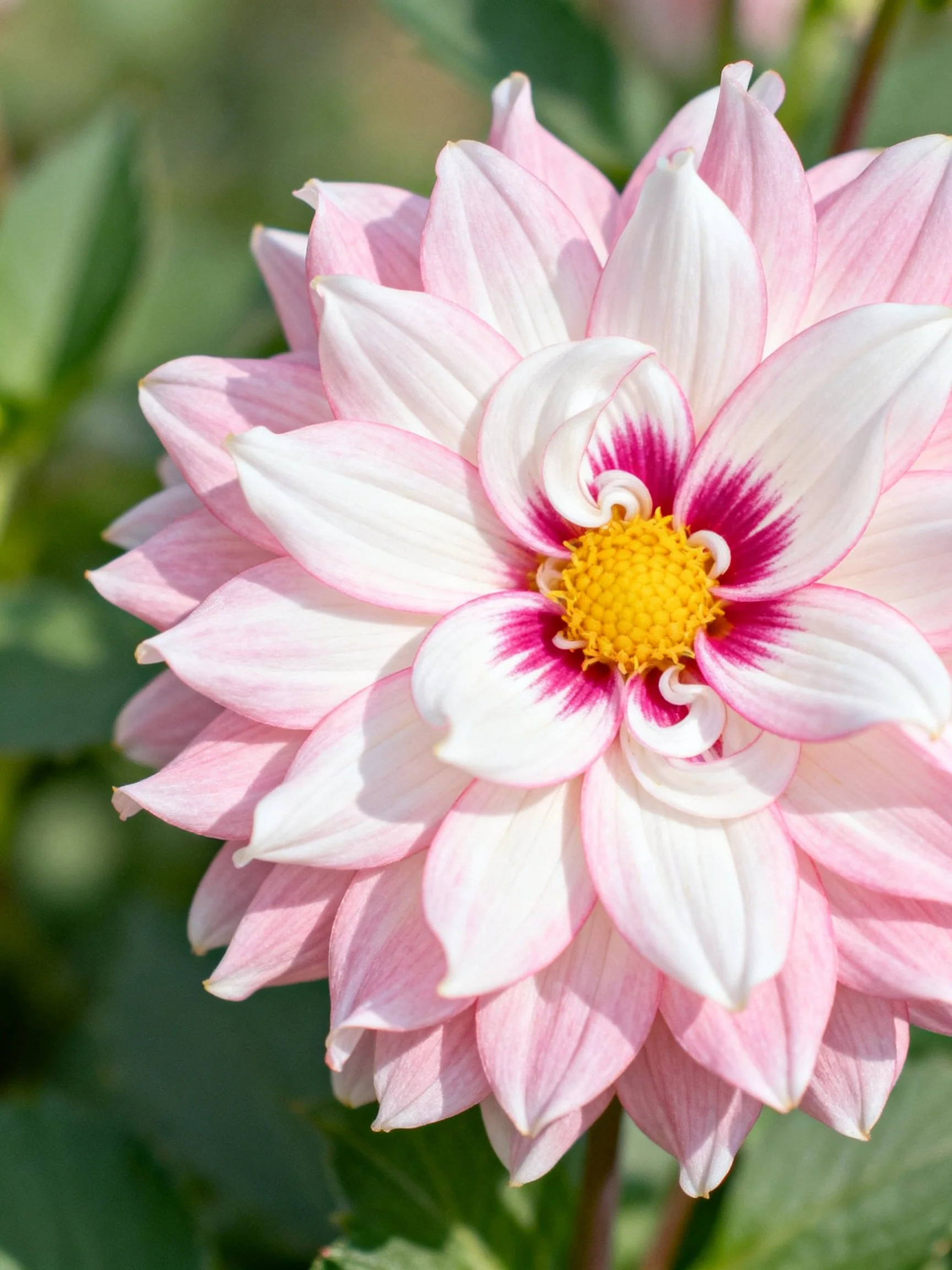 Pink and white dahlia with yellow and purple center