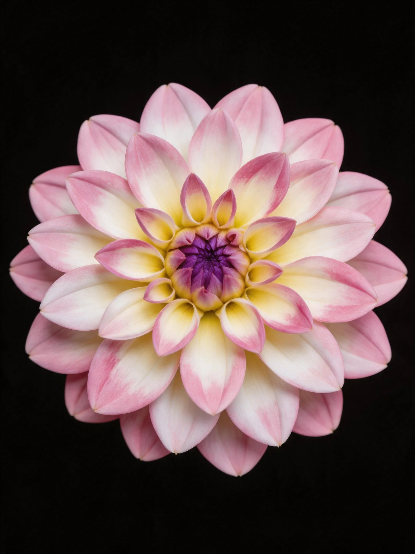 Pink and white dahlia with yellow and purple center on black backdrop
