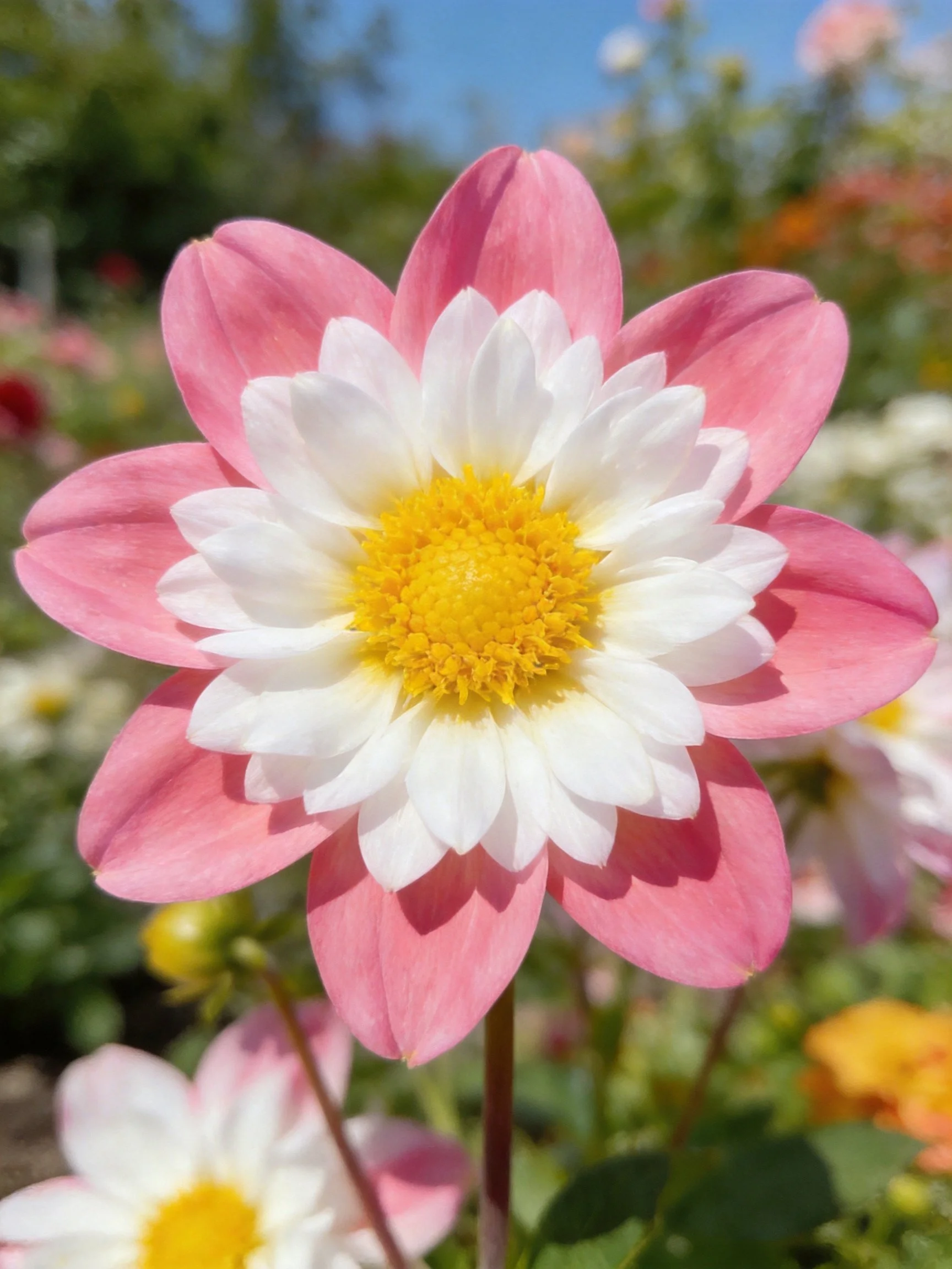 Pink and white dahlia with yellow center in a sunny garden