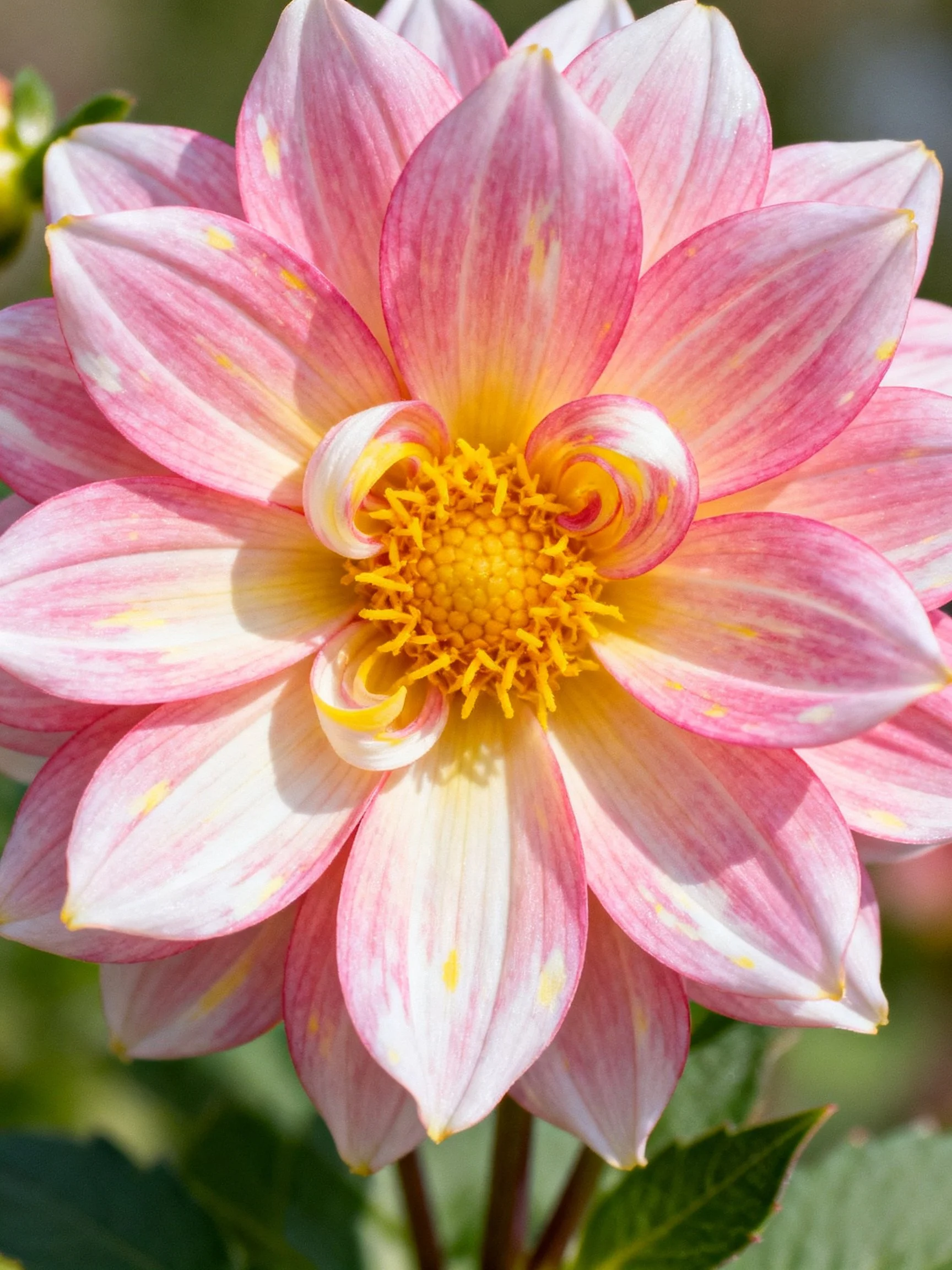 Pink and white dahlia with yellow center