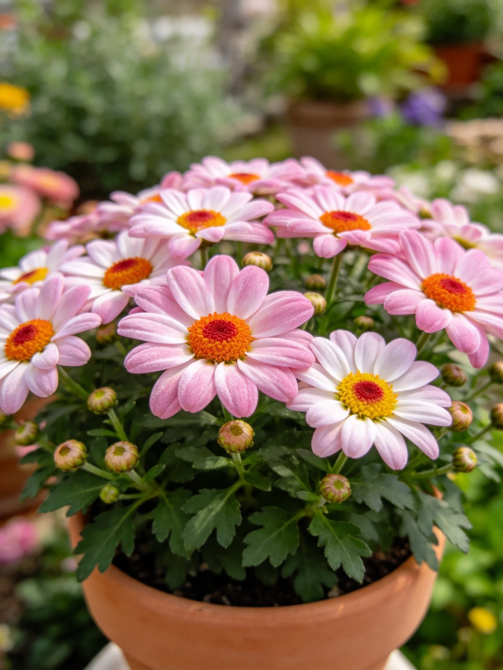 Pink and white daisies with orange centers in a terracotta pot