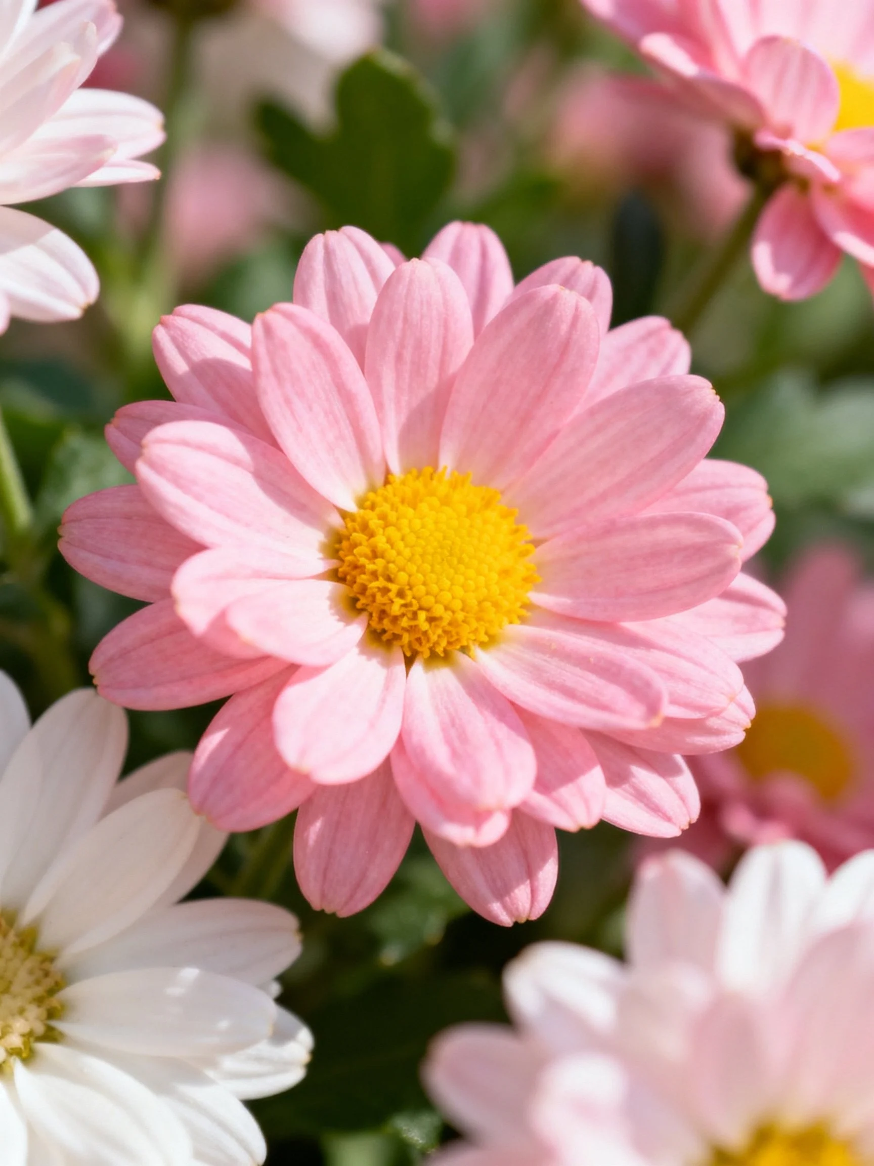 Pink and white daisies with yellow centers amid green foliage