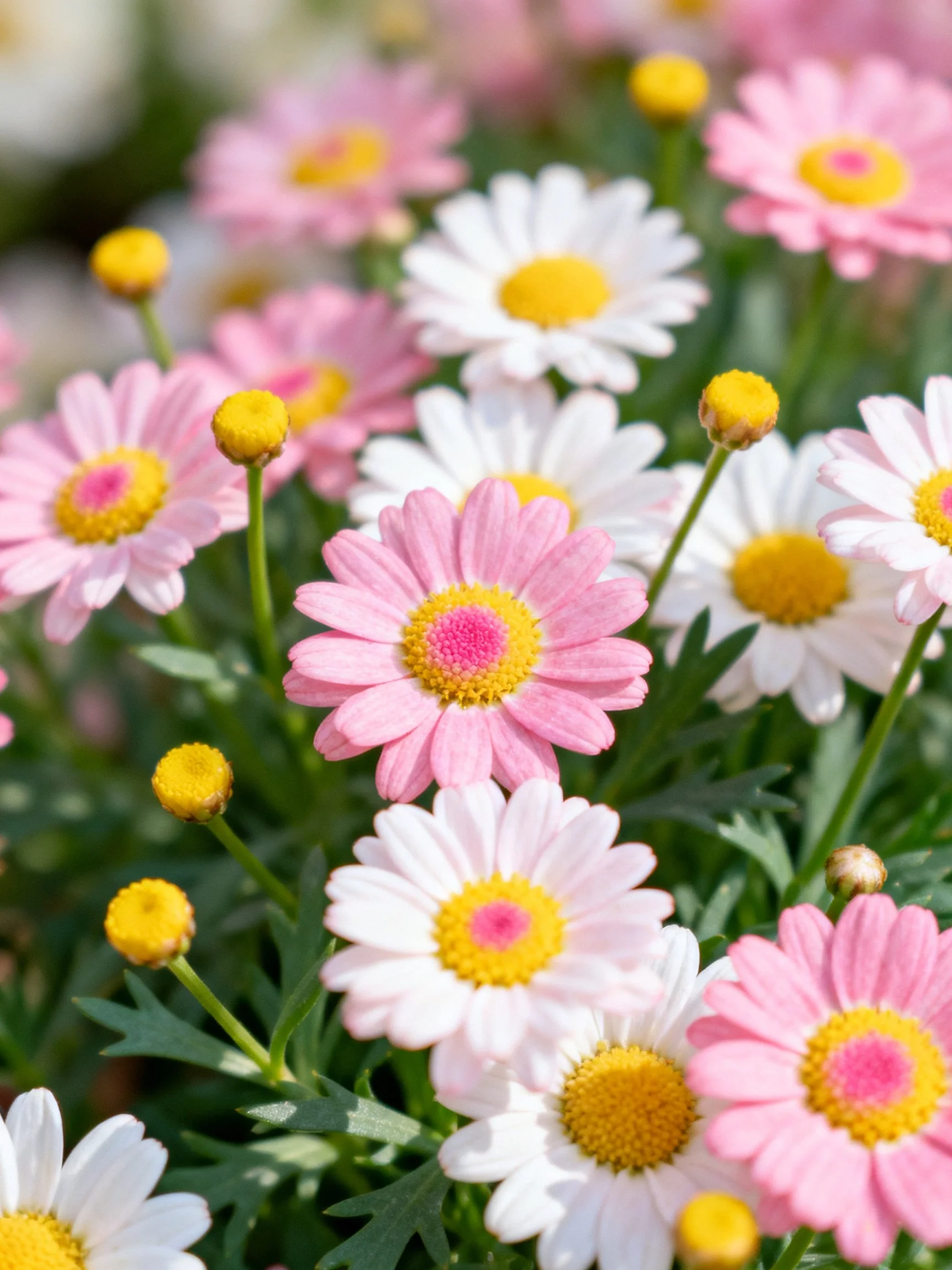 Pink and white daisies with yellow centers amidst green foliage