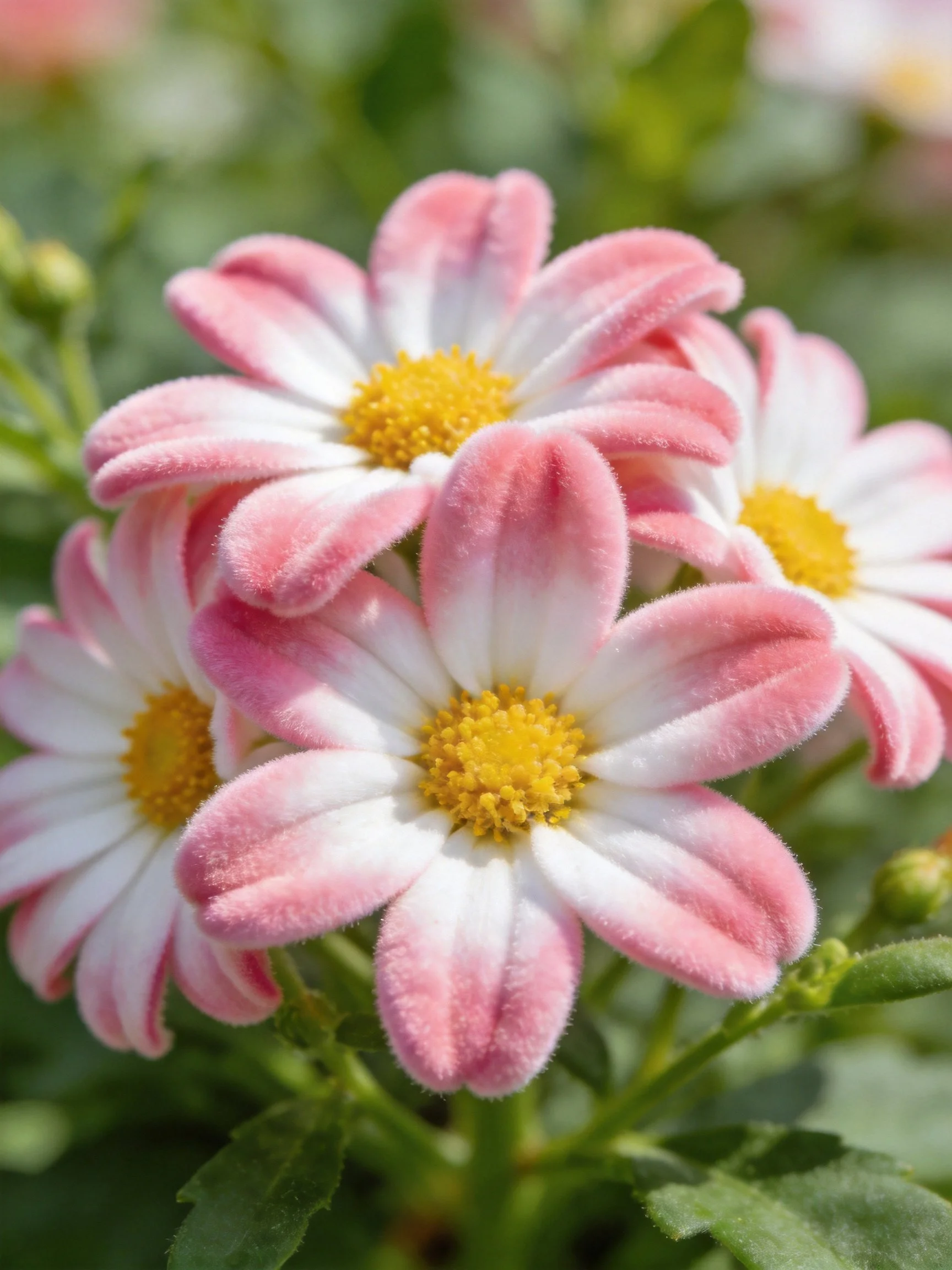 Pink and white daisy blooms with yellow centers clustered amid greenery