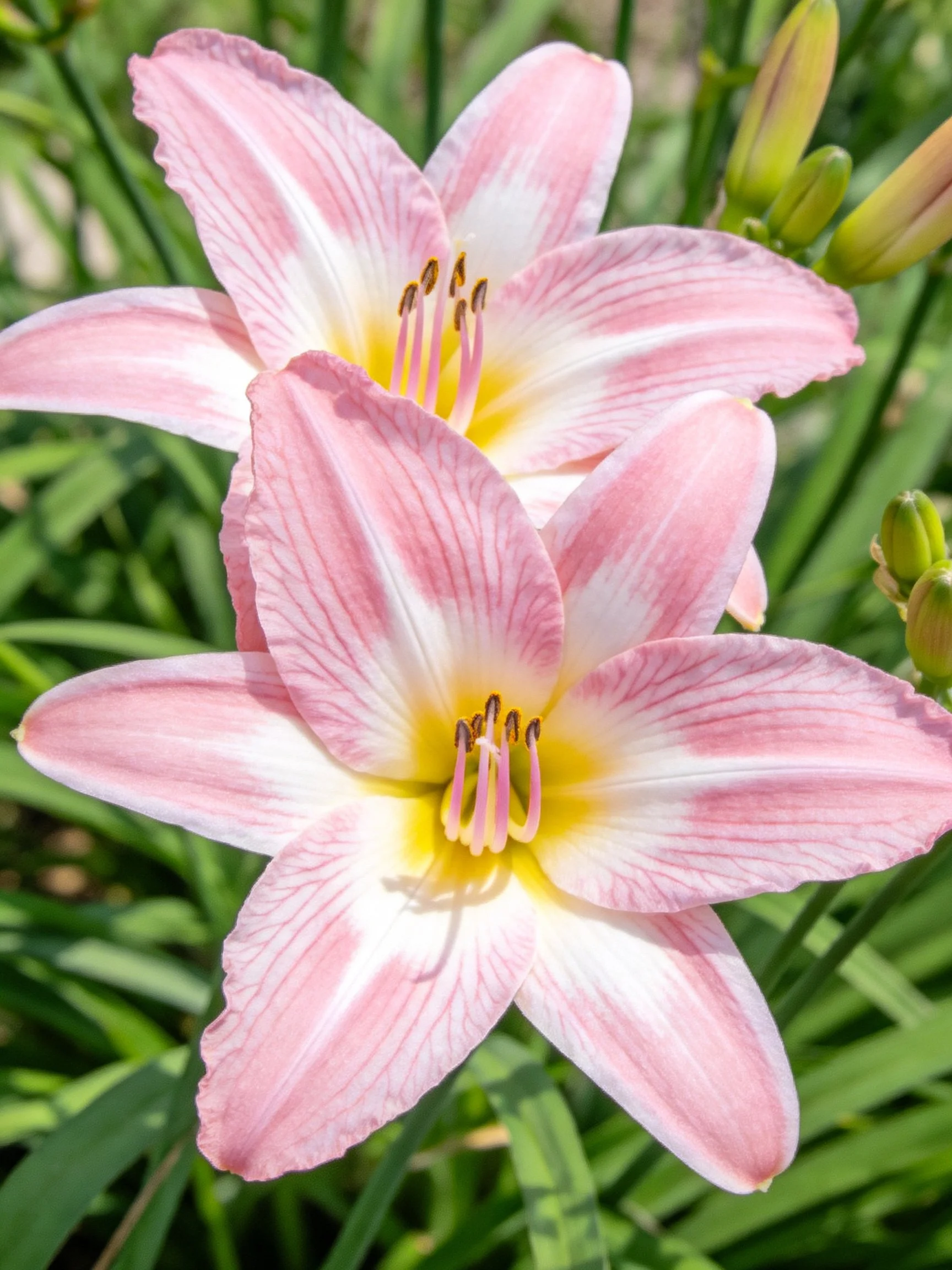Pink and white daylily blooms with yellow centers amid green foliage