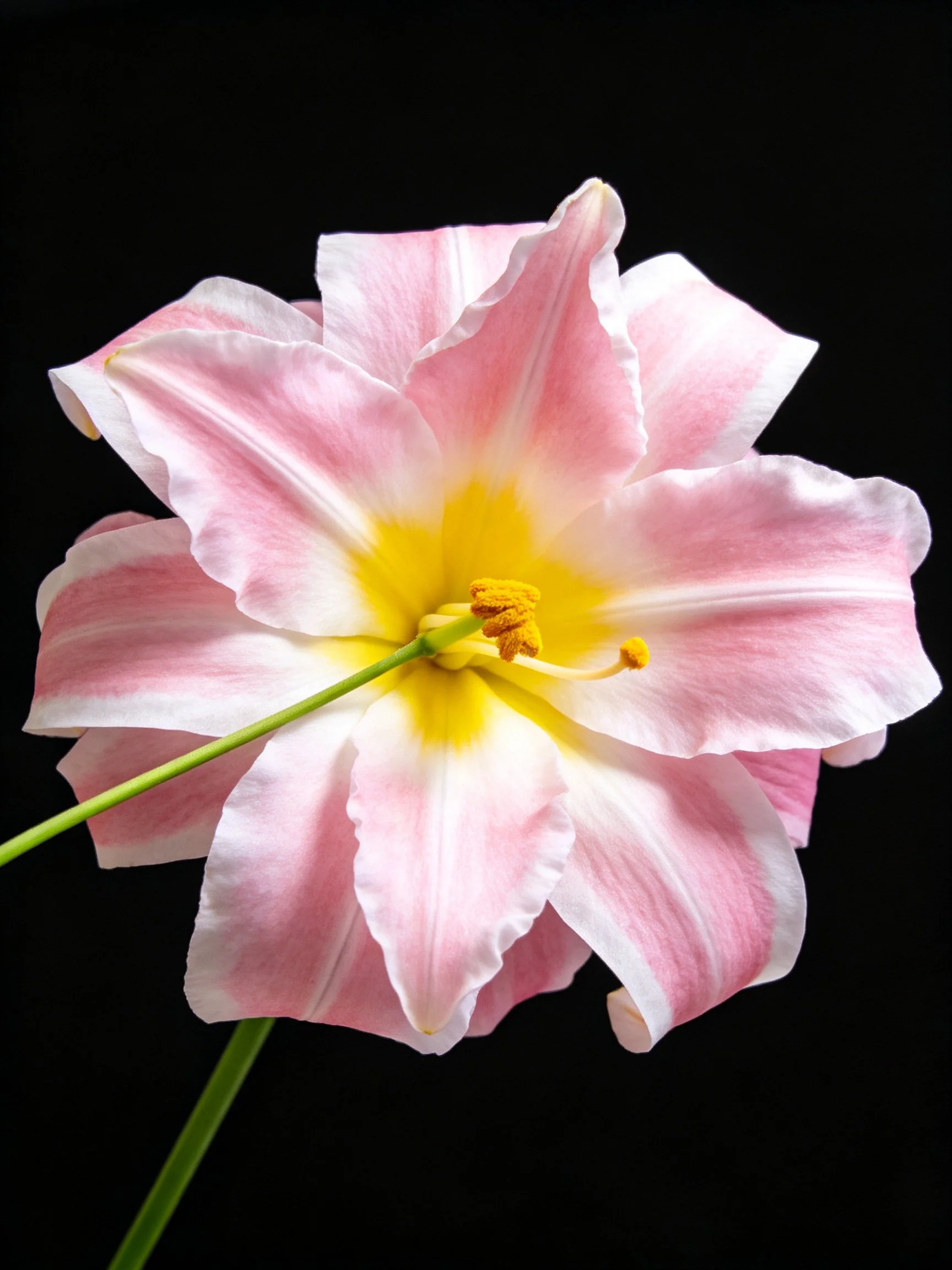 Pink and white daylily with yellow center on black background