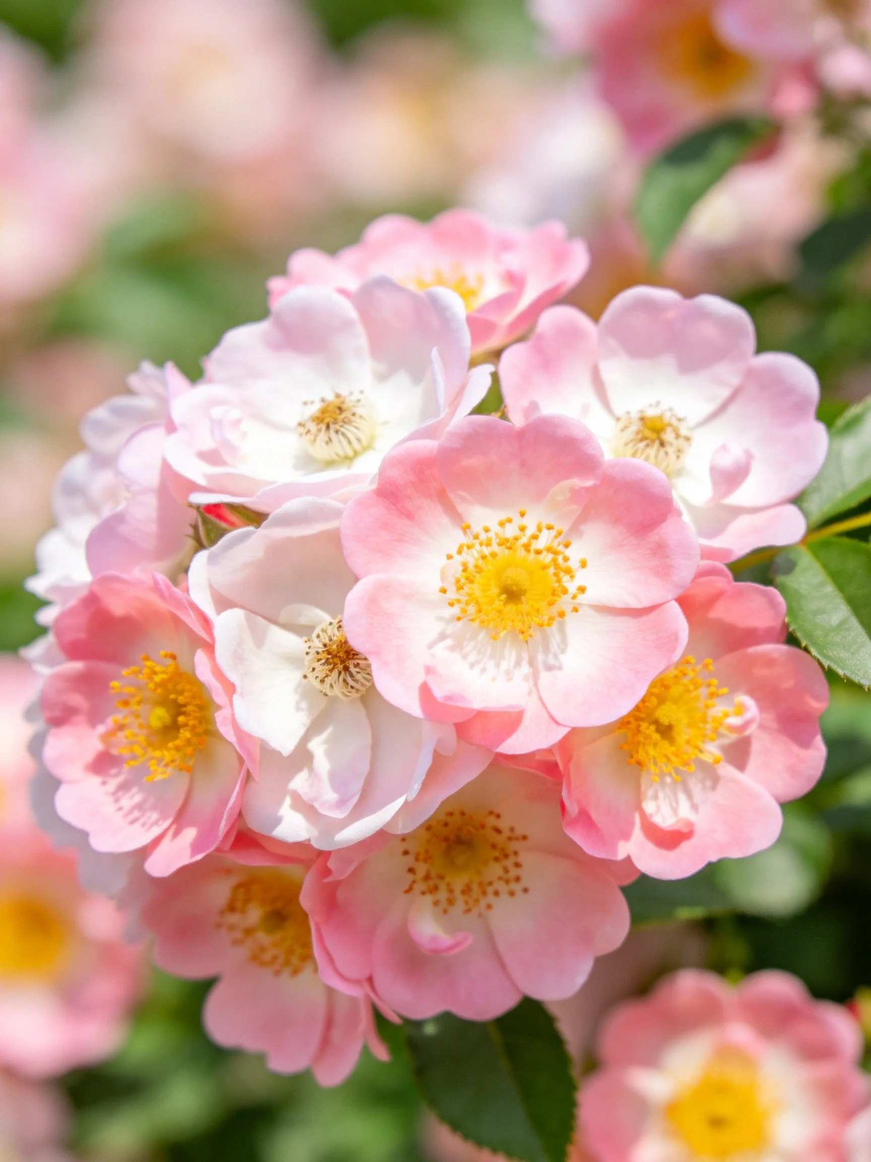 Pink and white flower cluster with yellow centers