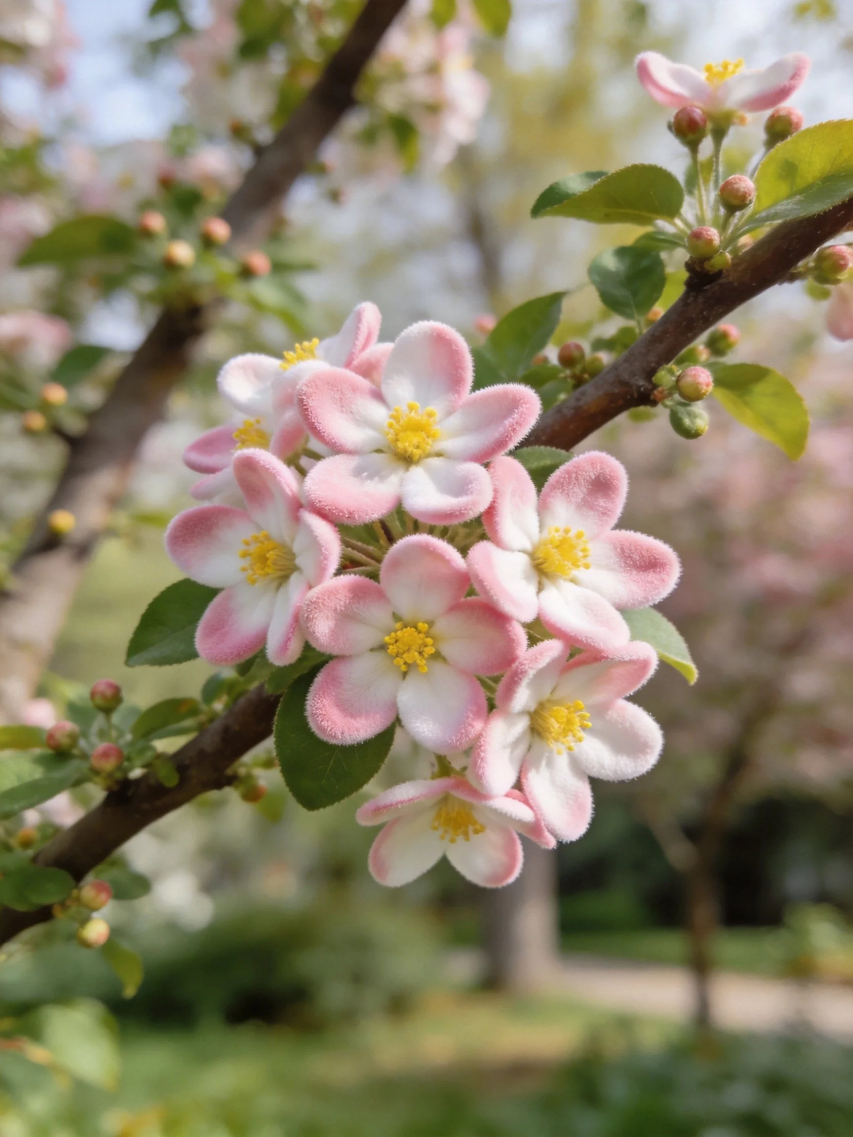 Pink and white flower clusters bloom on tree branches