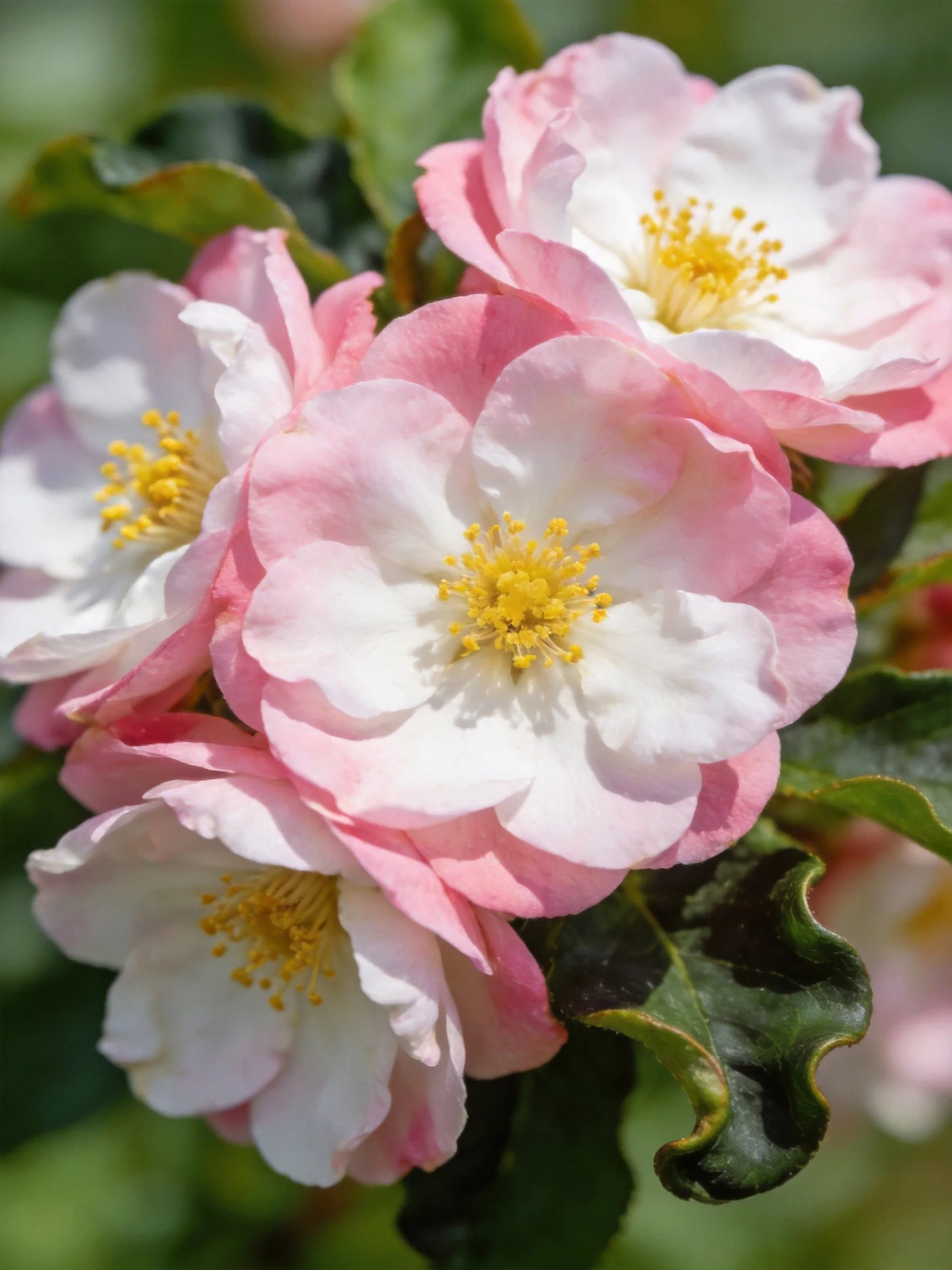 Pink and white flowering blooms with yellow stamens among green leaves