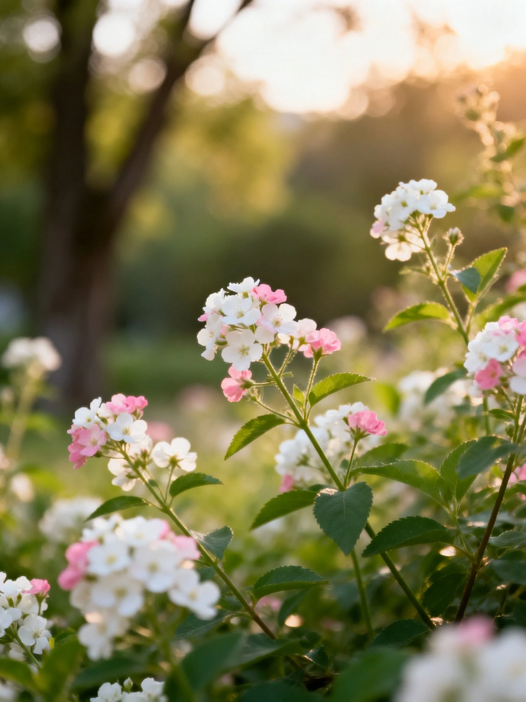 Pink and white flowering shrubs amidst lush greenery under golden sunlight