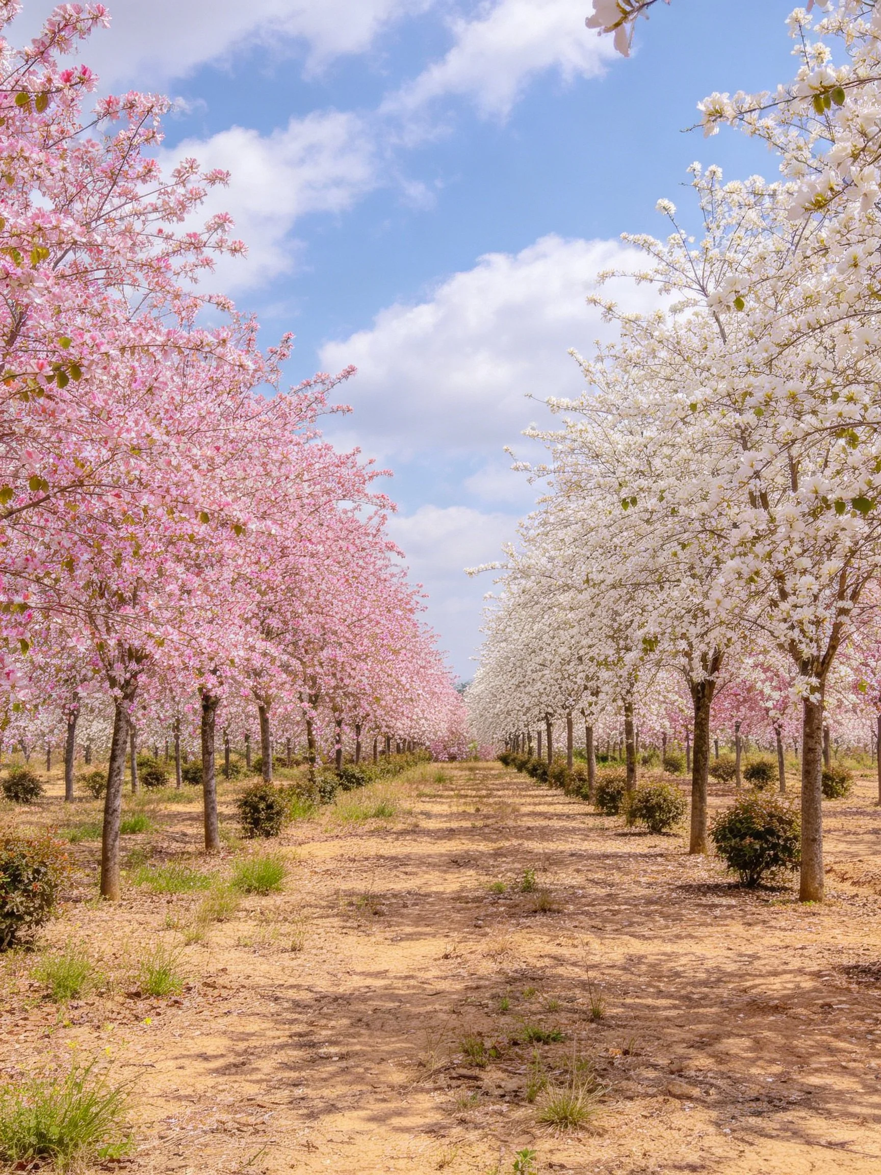 Pink and white flowering trees form two rows along a dirt pathway.