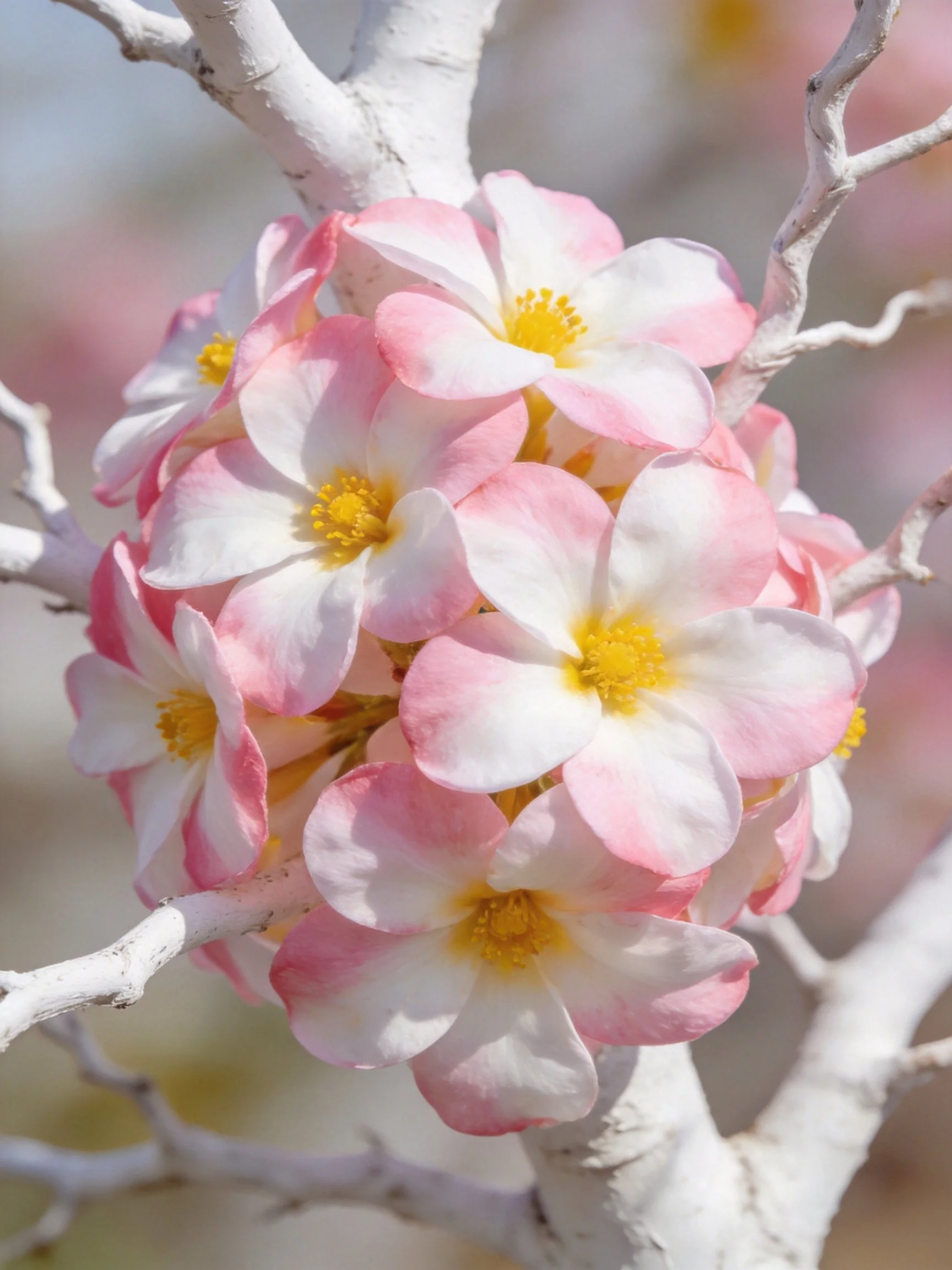 Pink and white flowers cluster on a white twisted branch