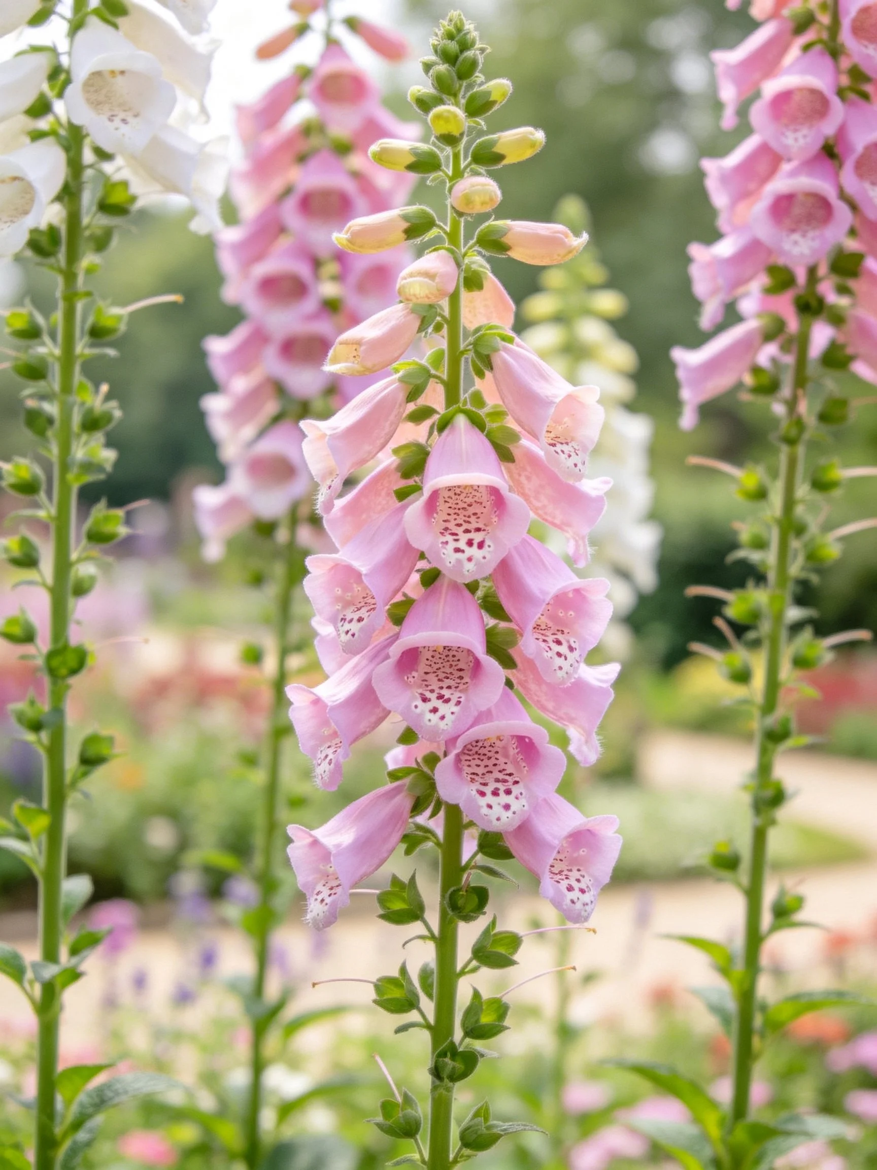 Pink and white foxgloves blooming in a sunlit garden