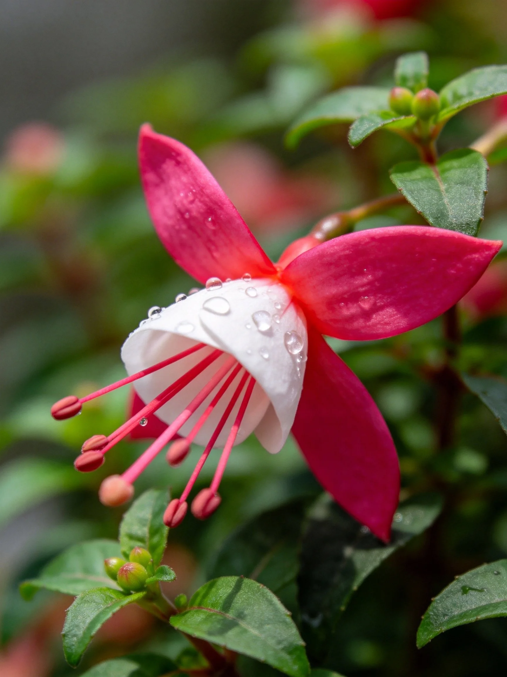 Pink and white fuchsia flower with water droplets among green foliage