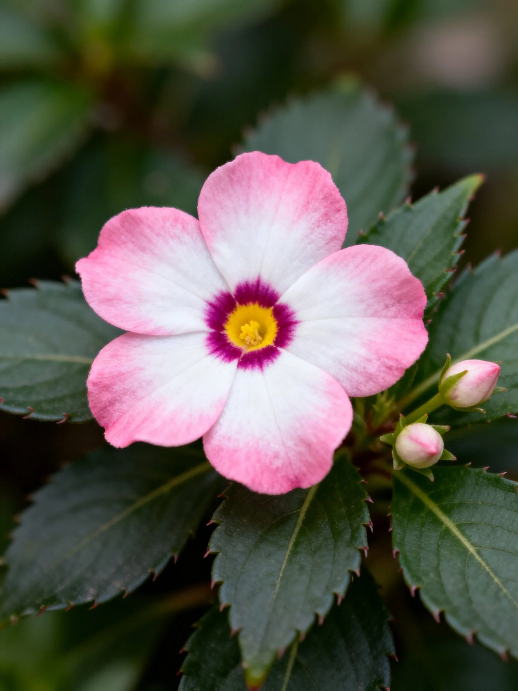 Pink and white impatiens flower with purple center and green leaves