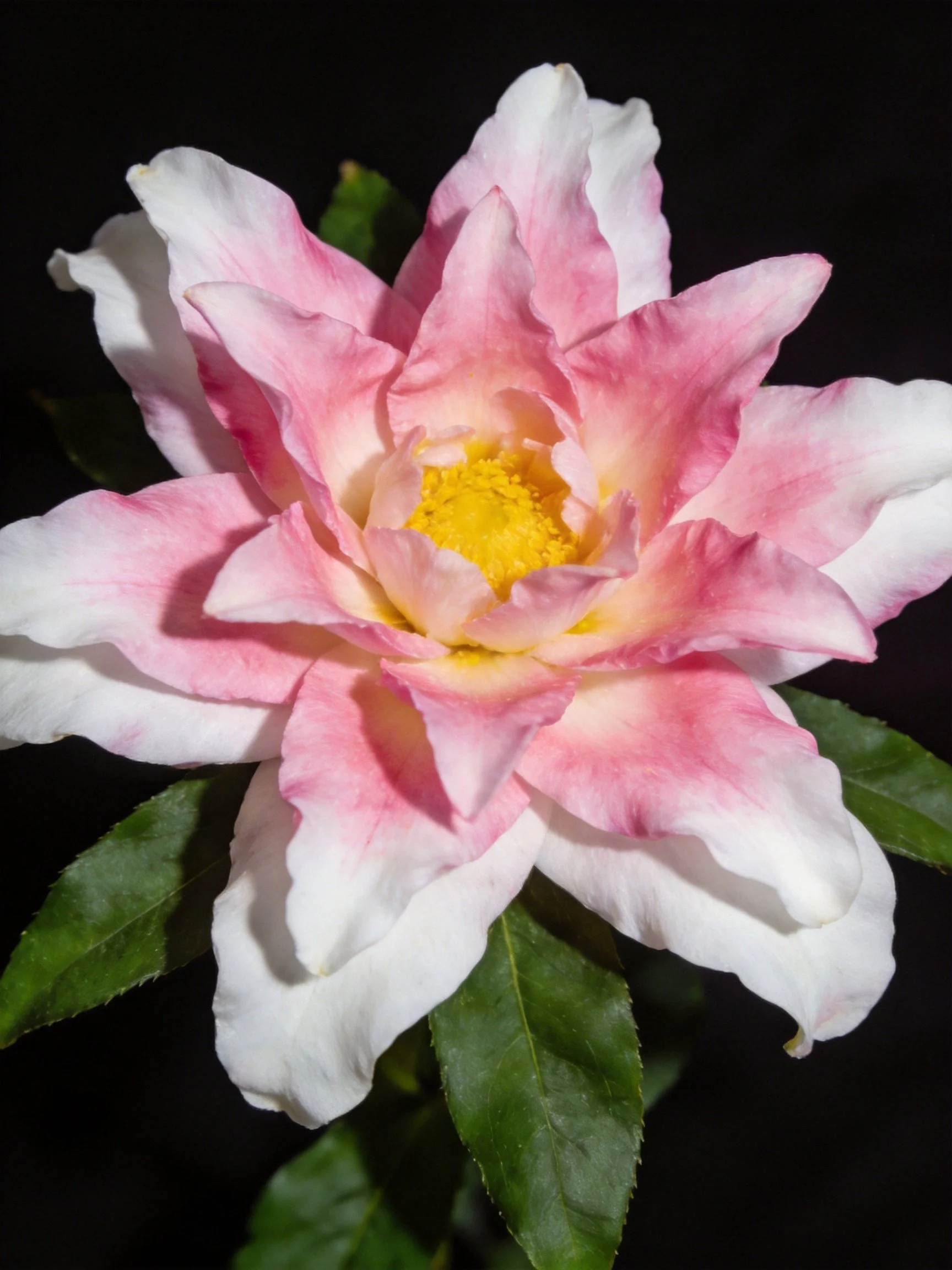 Pink and white layered camellia flower with yellow center