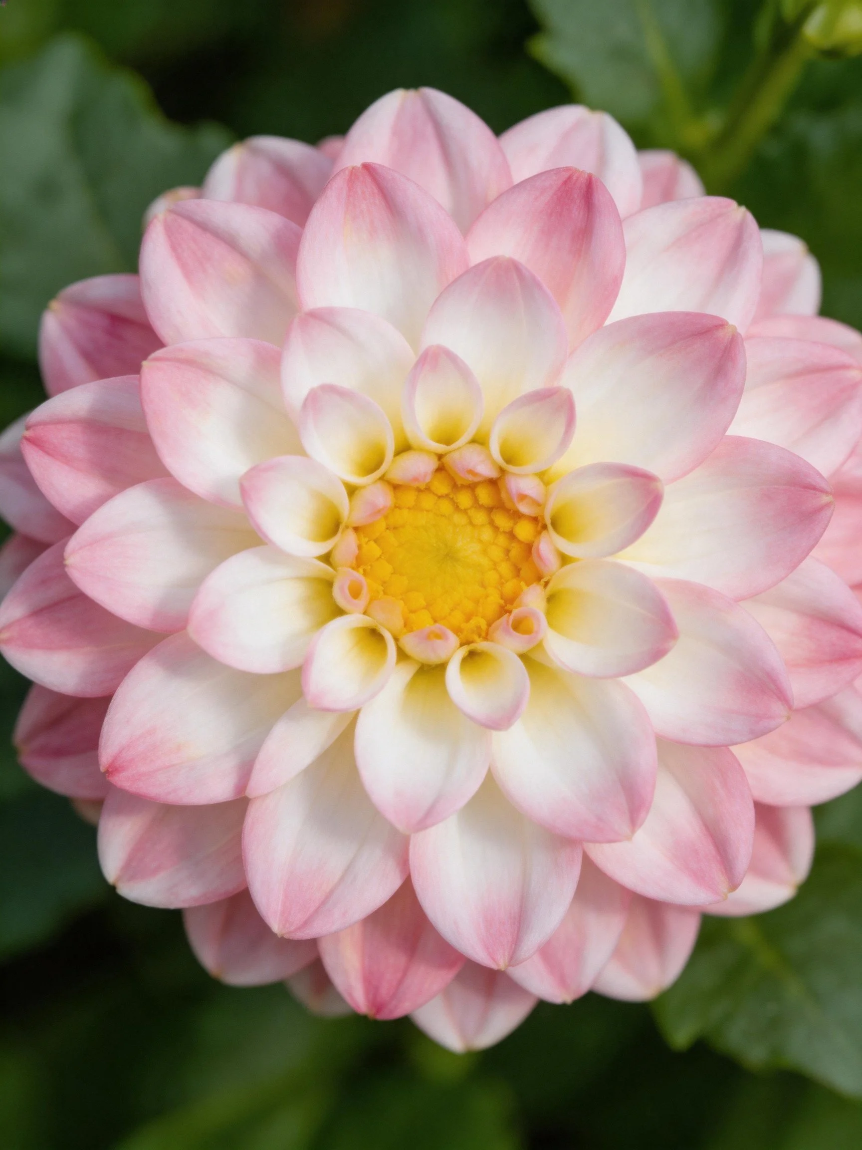 Pink and white layered dahlia with bright yellow center