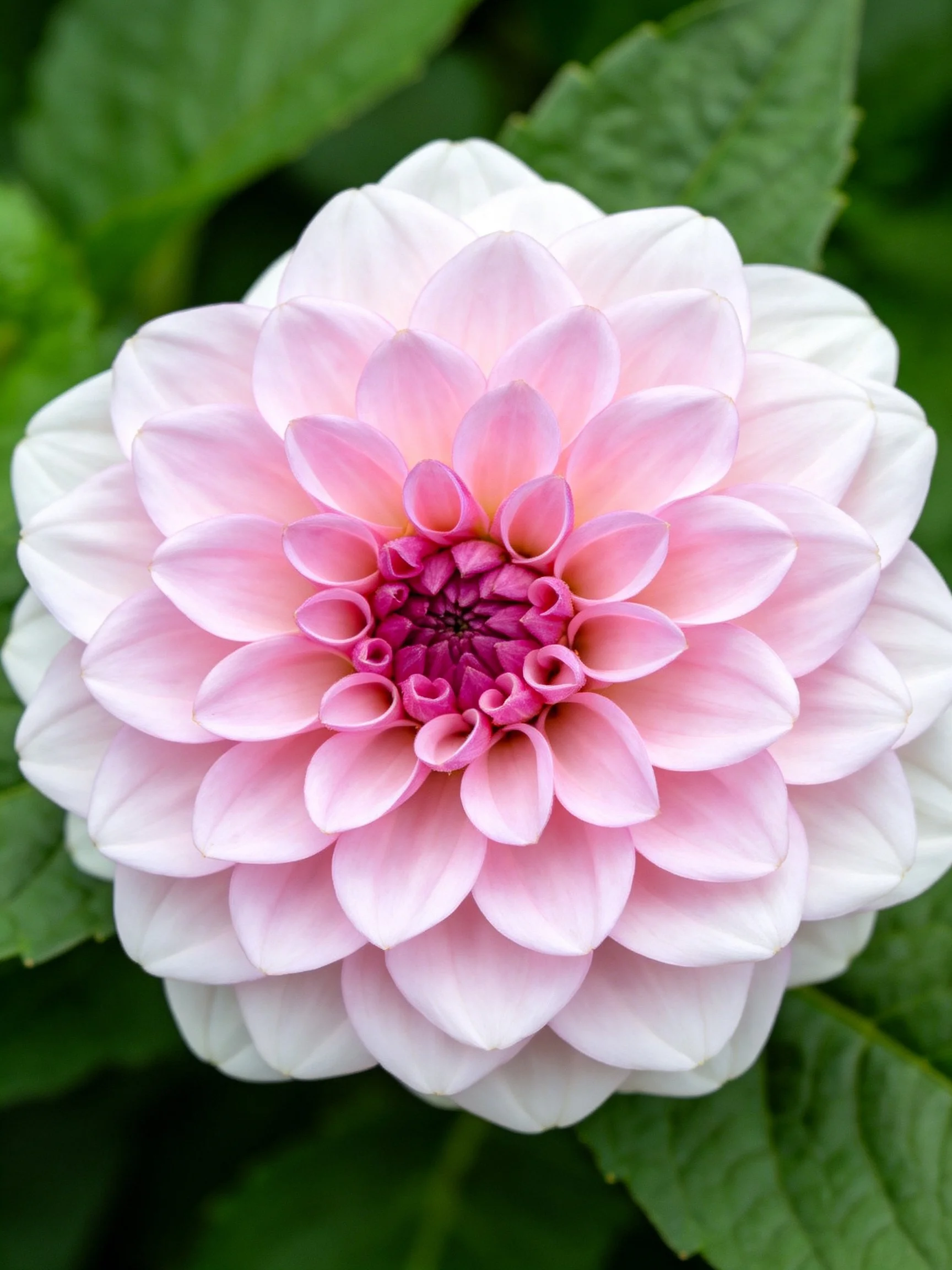 Pink and white layered dahlia with green foliage
