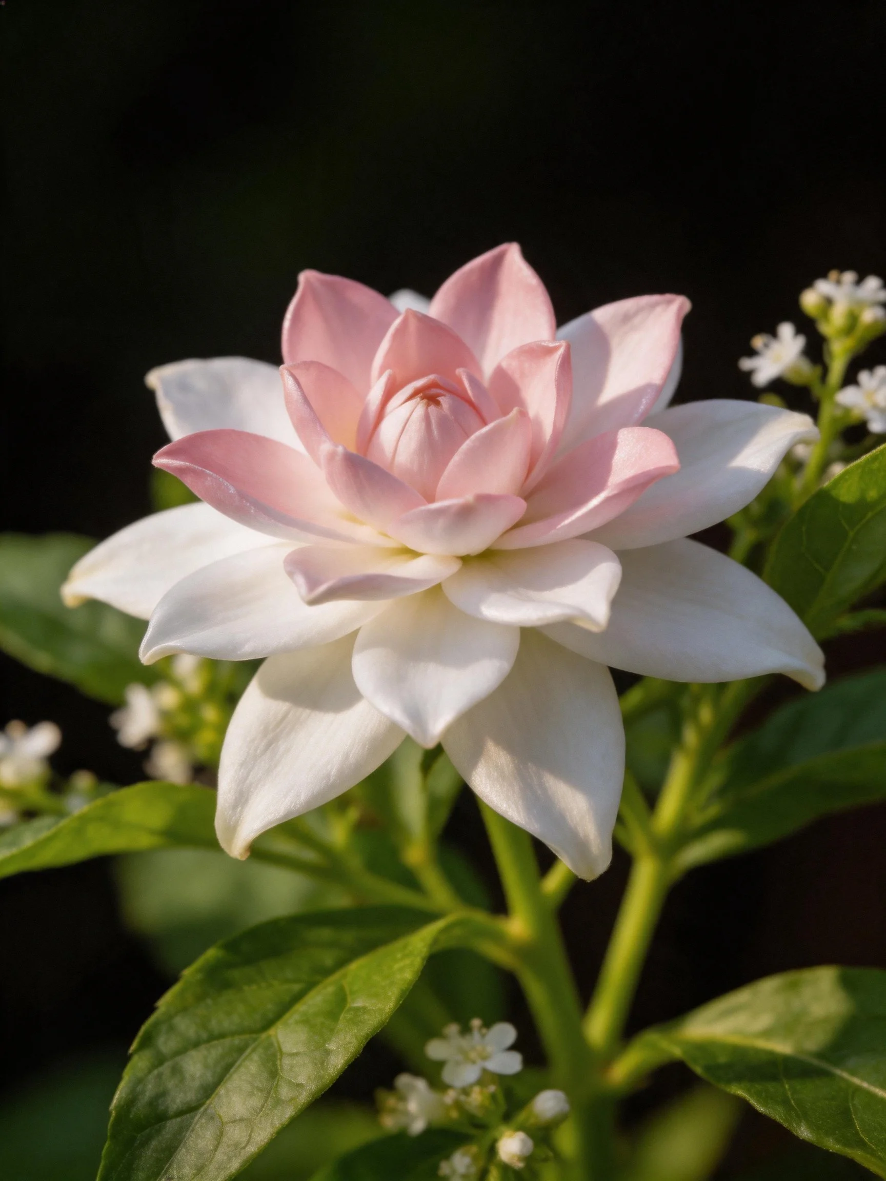 Pink and white layered flower with green foliage and small blooms
