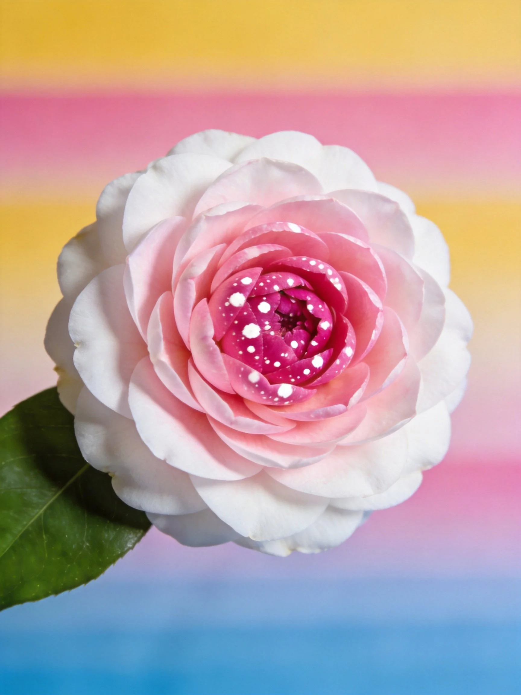 Pink and white layered flower with magenta center, green leaf, and colorful striped background