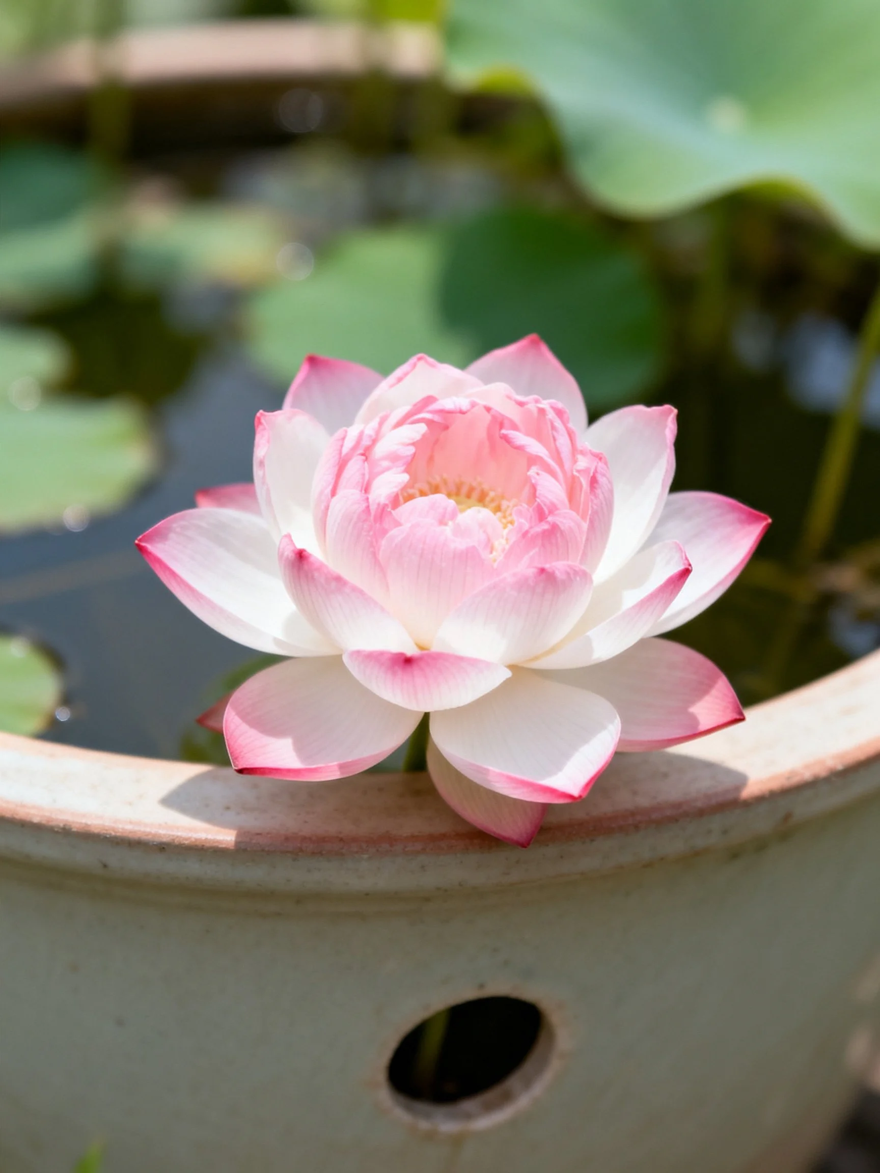 Pink and white lotus blooming in a ceramic pot by water