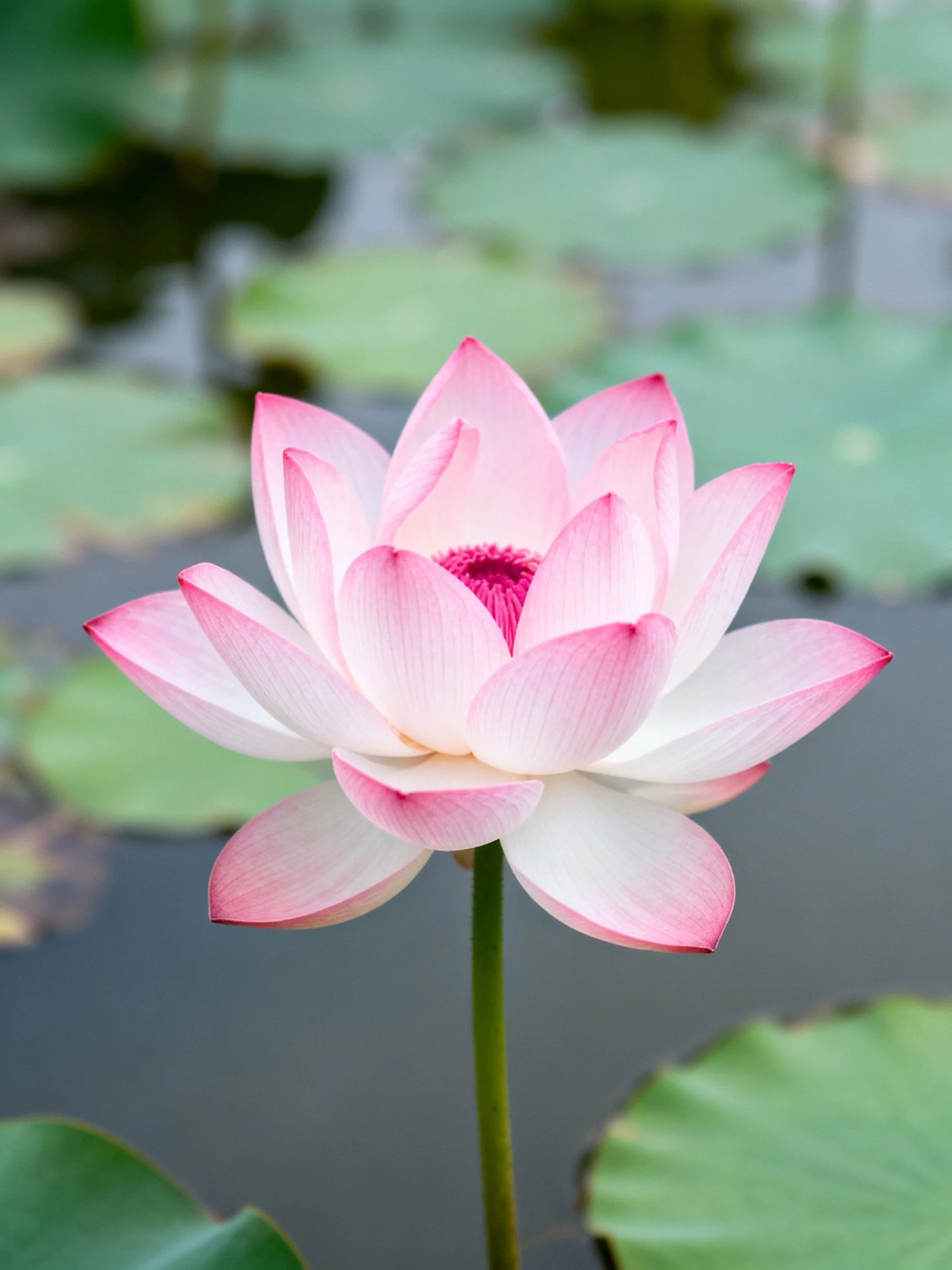 Pink and white lotus blooming near green lily pads