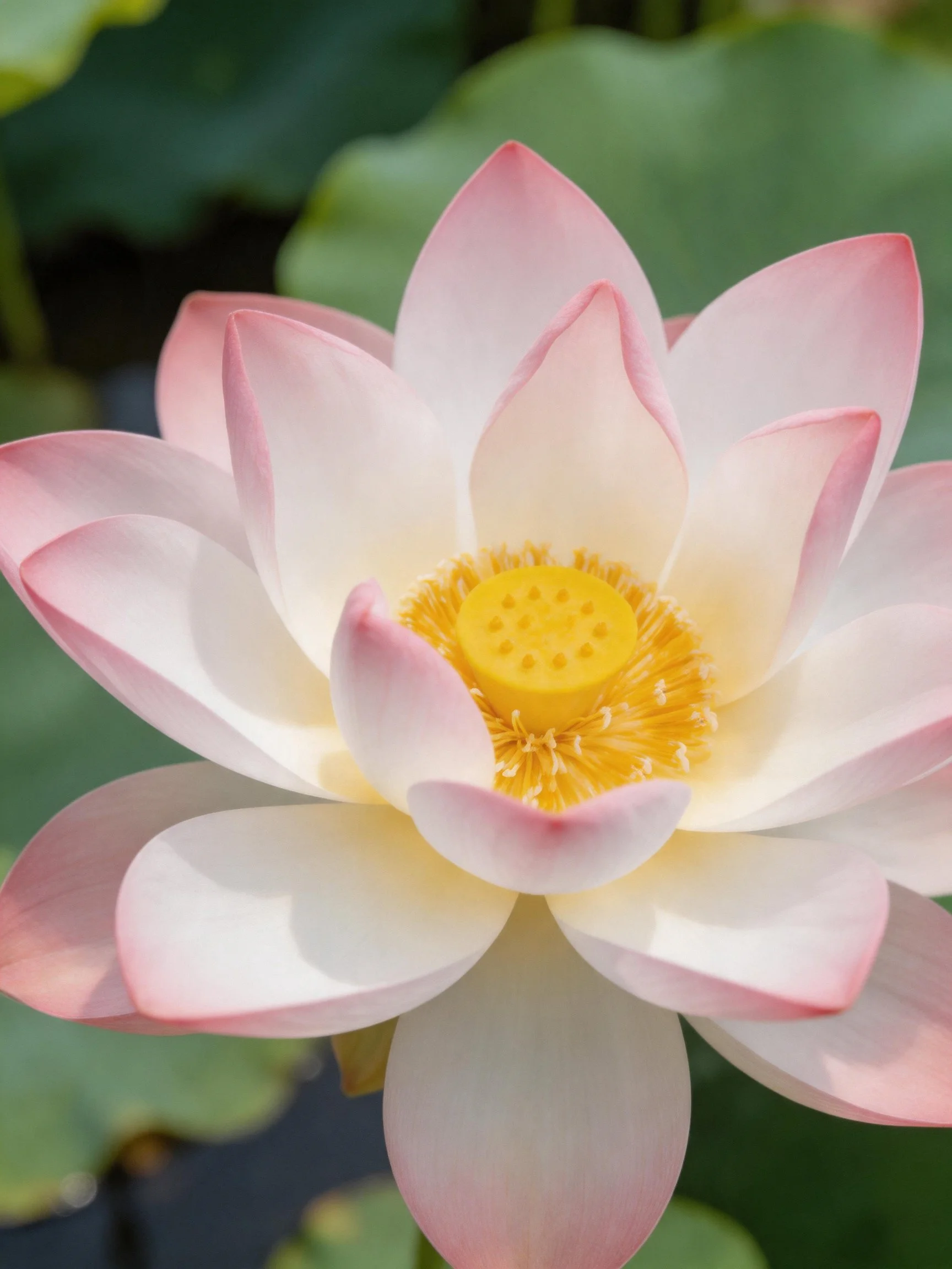 Pink-and-white lotus flower with golden center