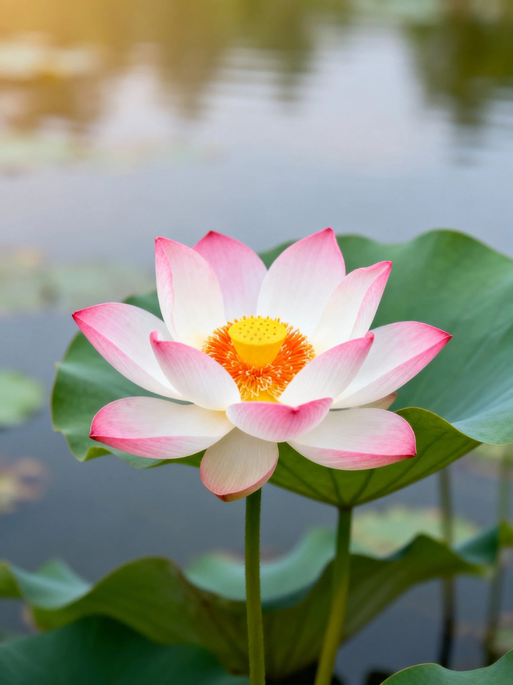 Pink-and-white lotus flower with yellow center near broad green leaves by water