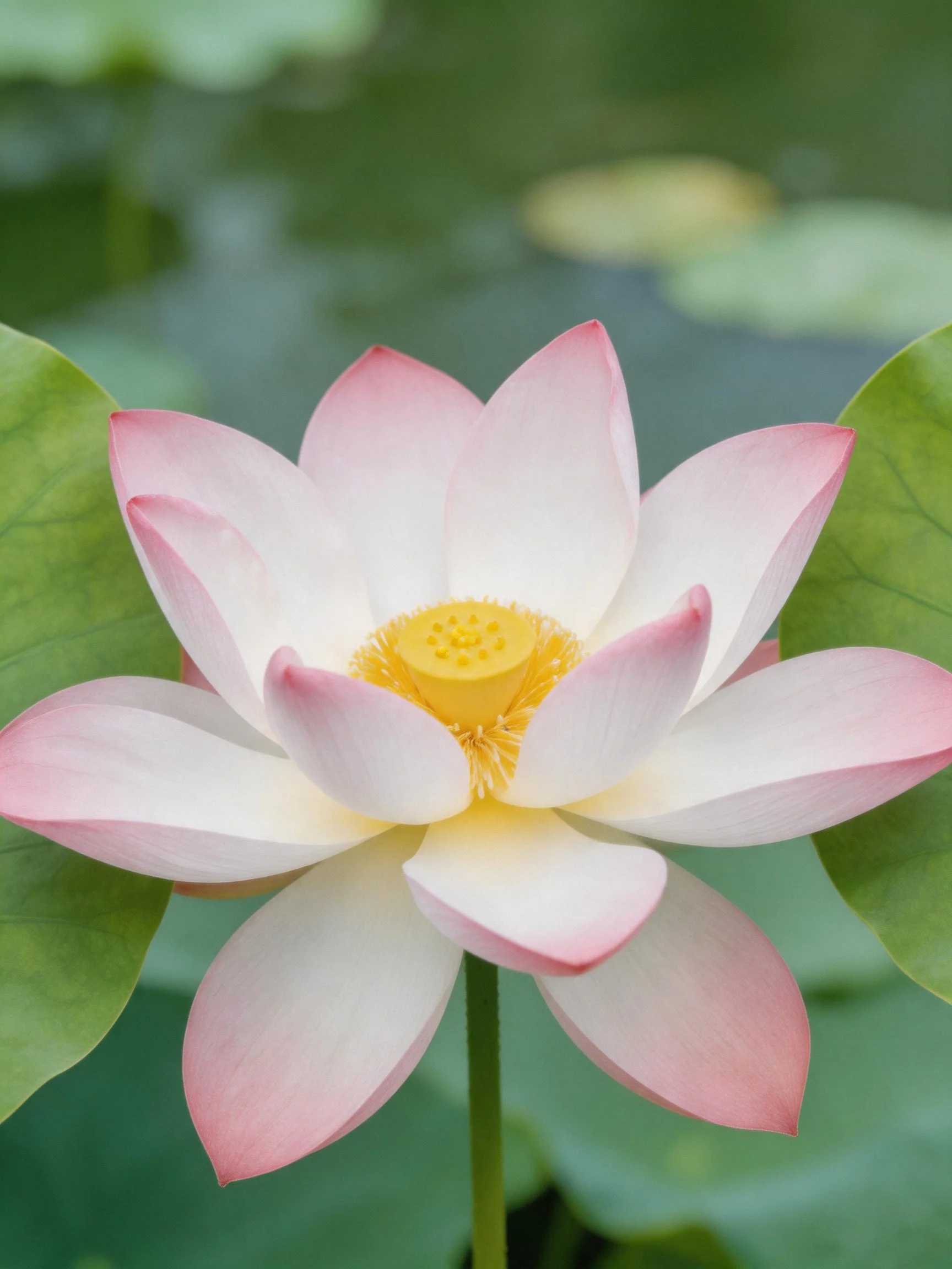 Pink and white lotus with yellow center among green leaves