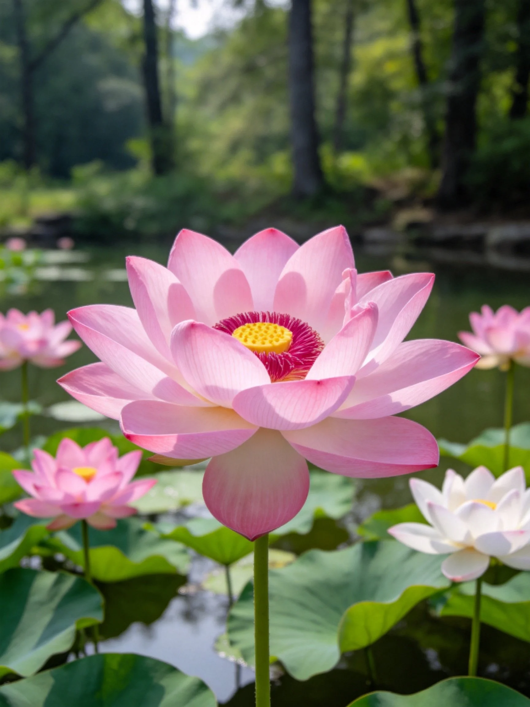 Pink and white lotuses bloom amid green lily pads by forested waters