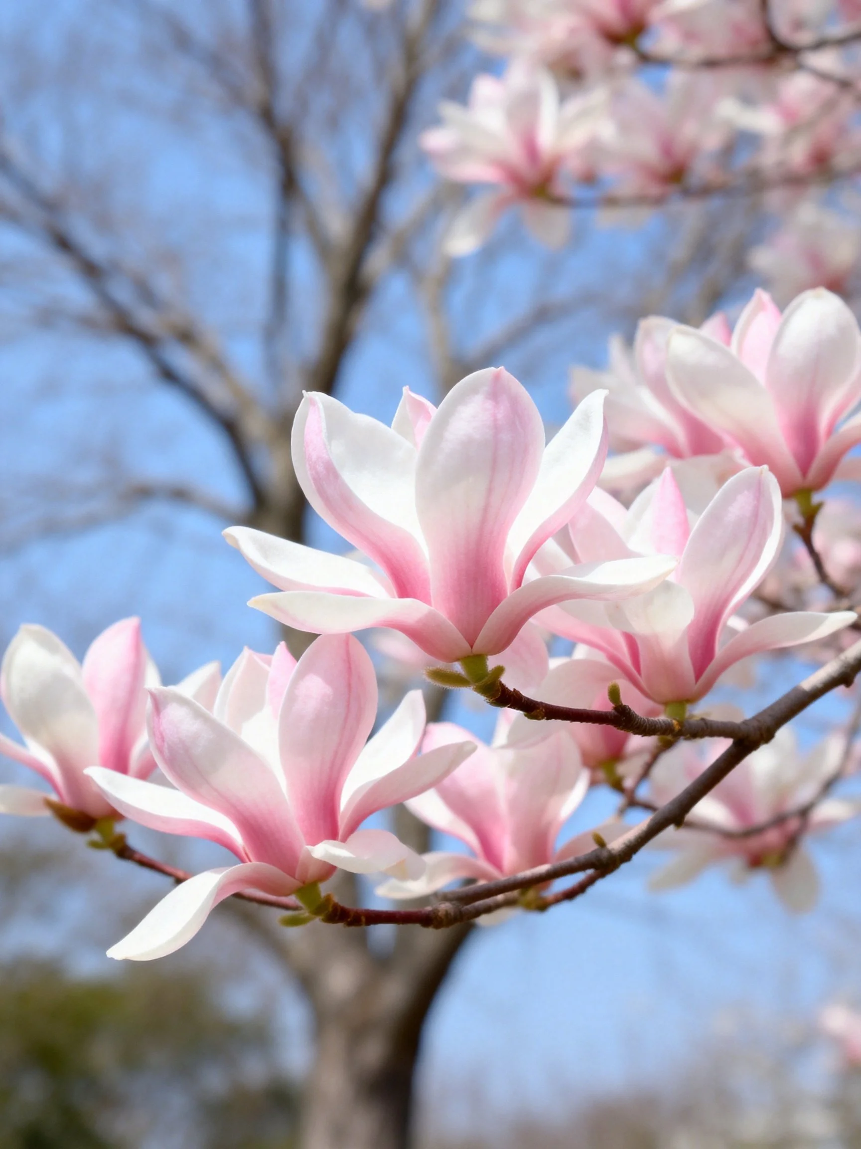 Pink and white magnolia blooms adorn dark branches against a clear blue sky.