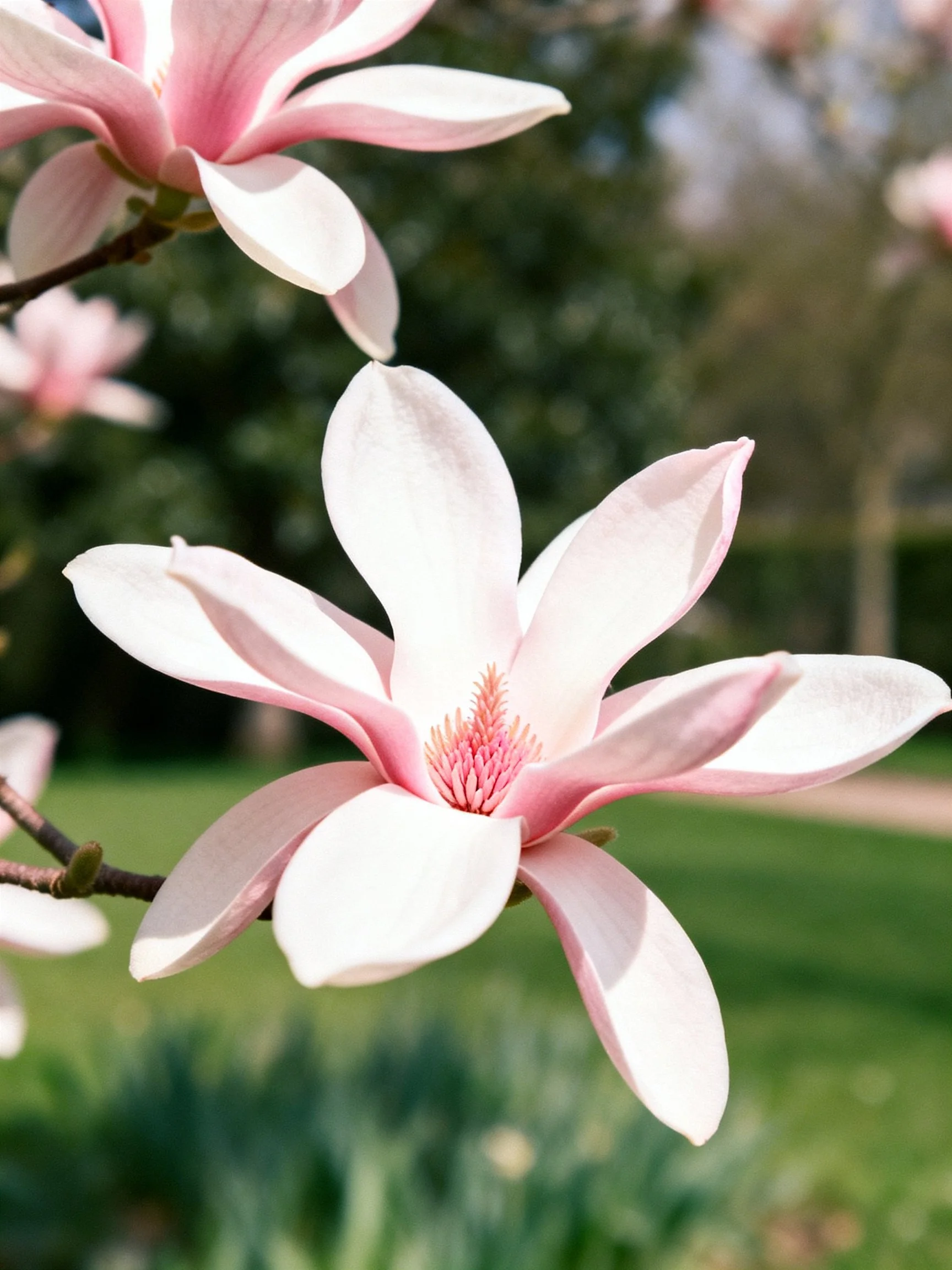 Pink and white magnolia blossoms in a sunlit garden