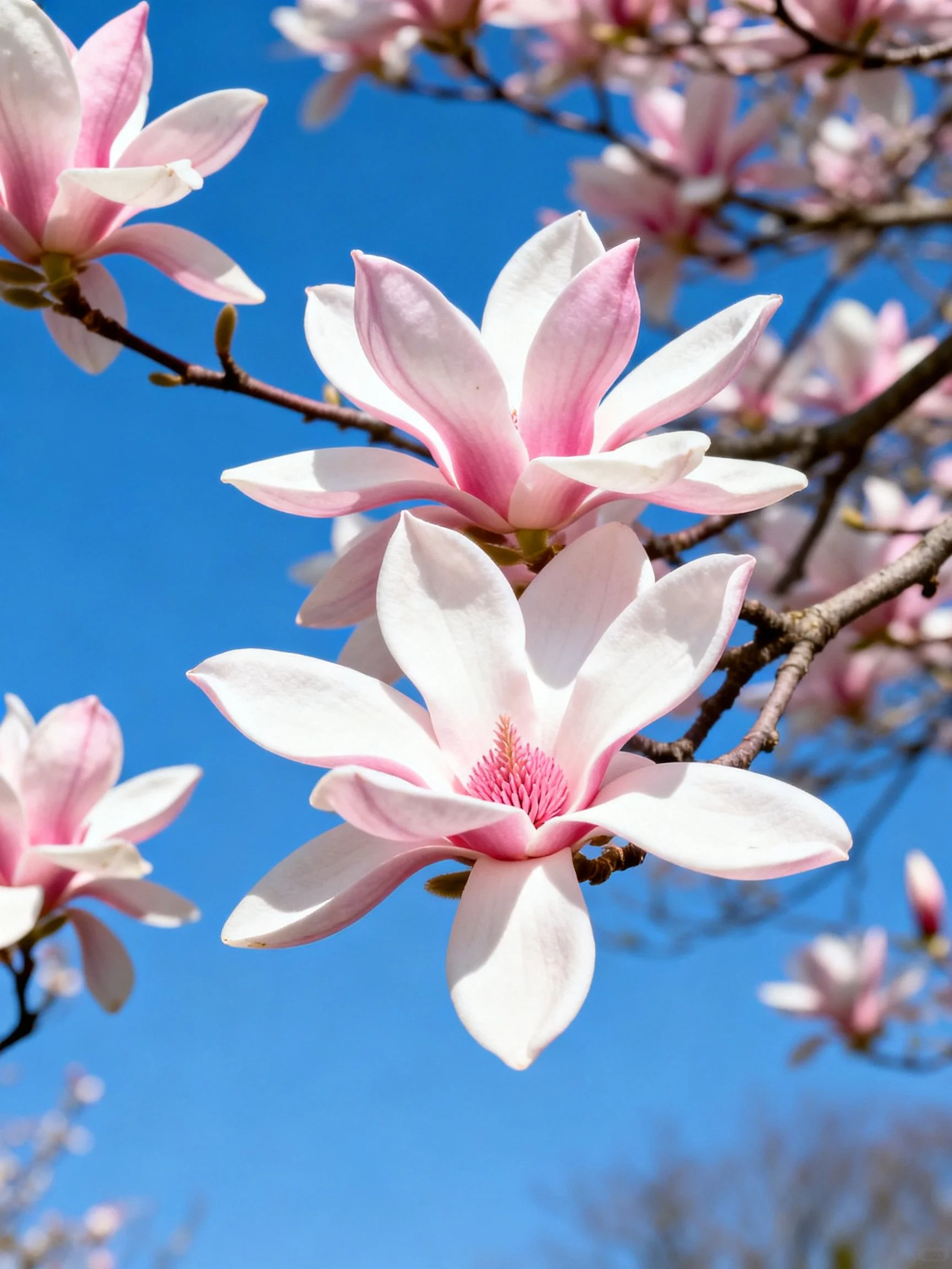 Pink and white magnolia blossoms on tree branches under clear blue sky