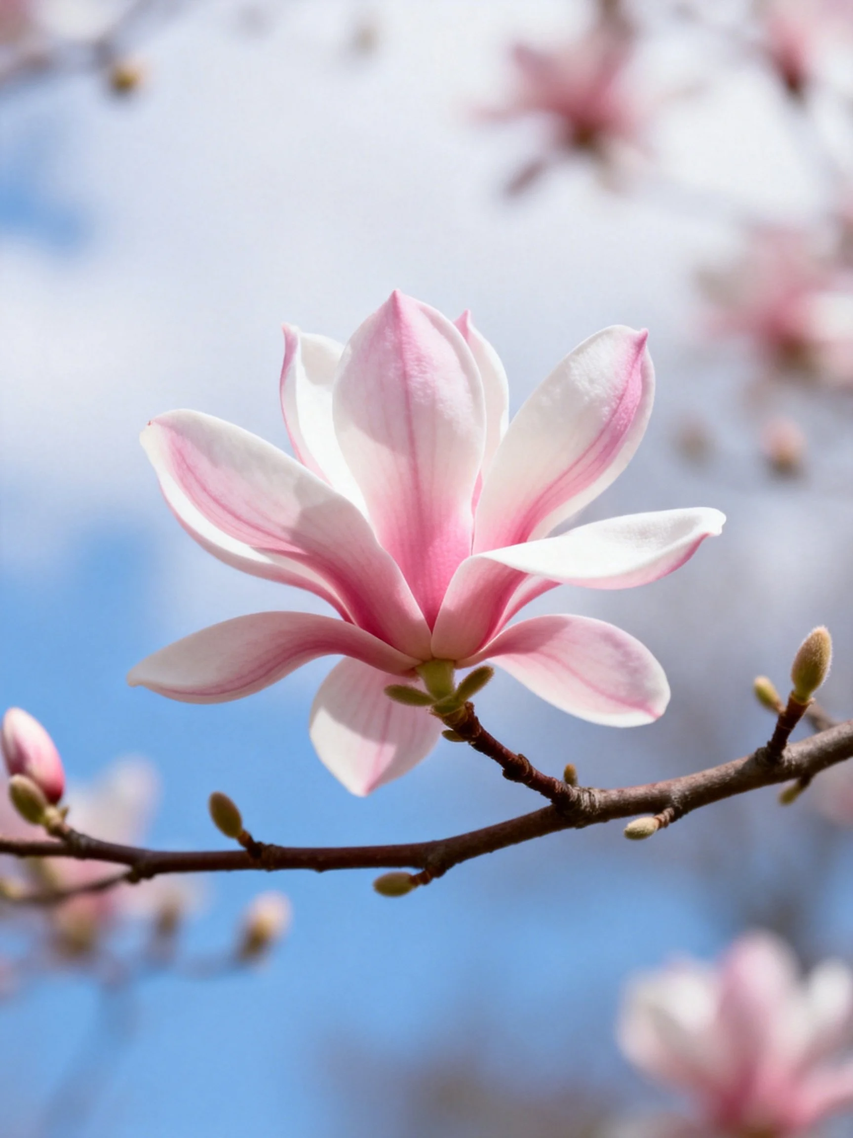Pink and white magnolia flower blooming on a tree branch