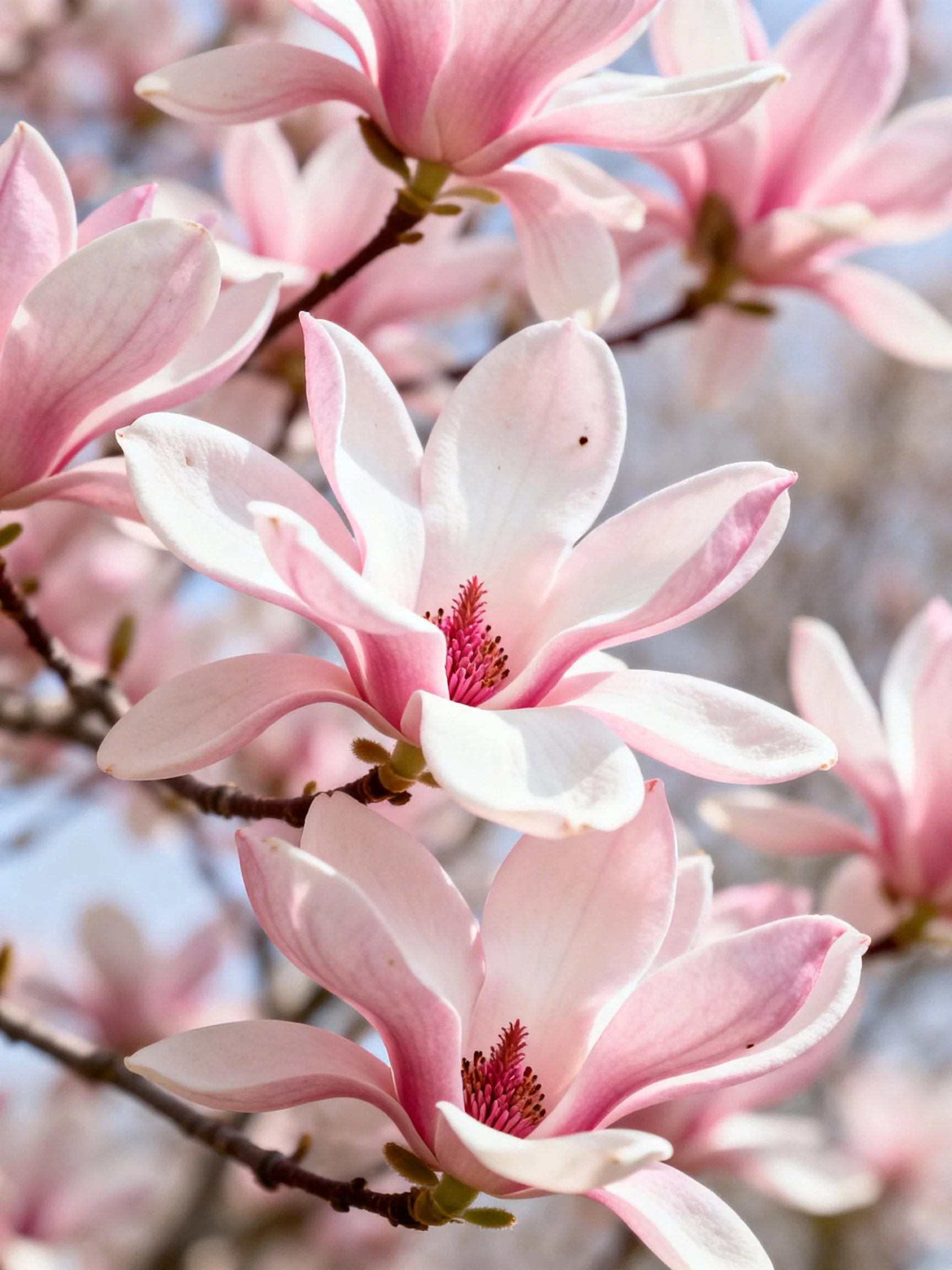 Pink and white magnolias bloom vibrantly against a soft blue sky