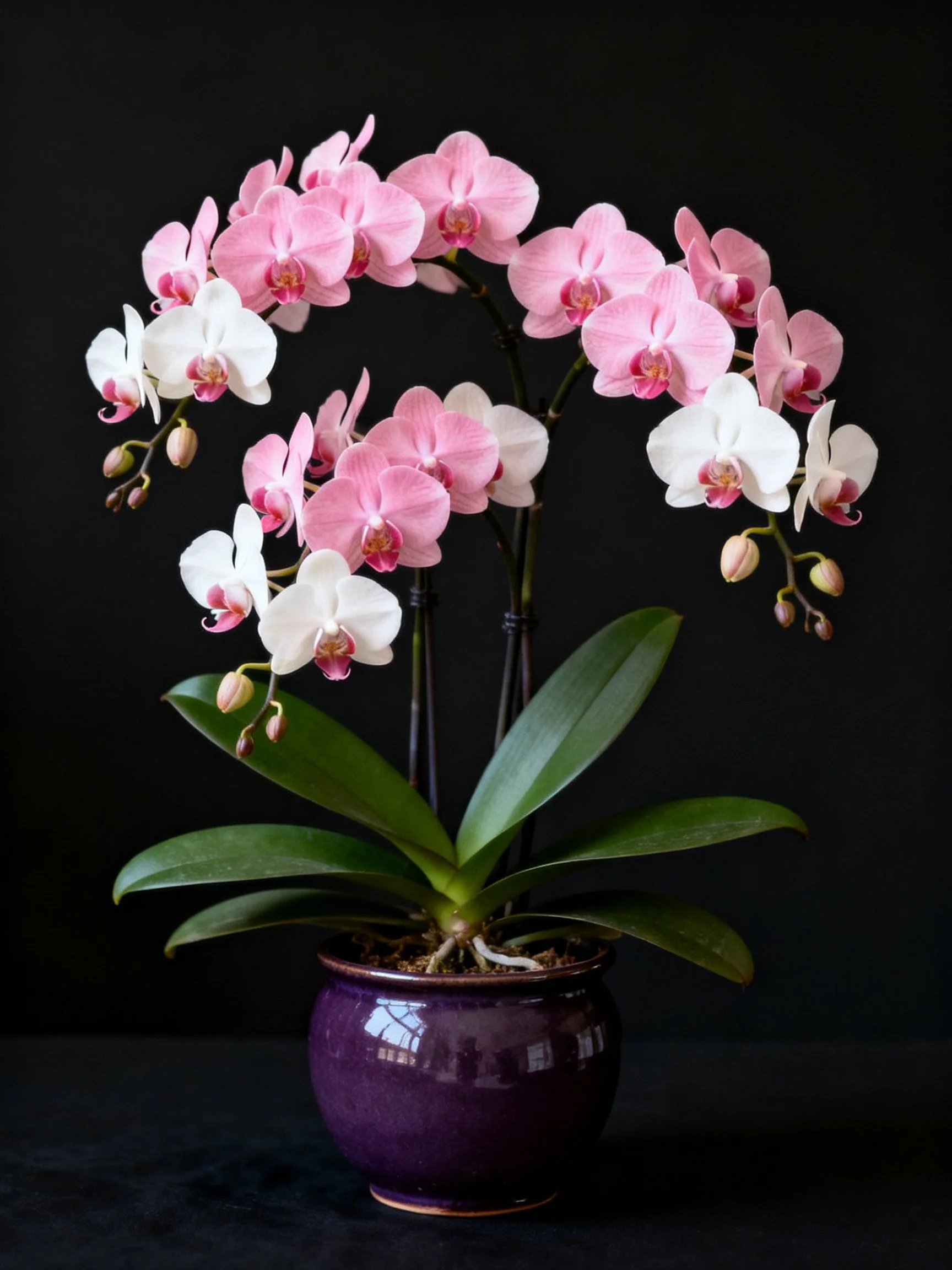 Pink and white orchid arrangement in deep purple pot